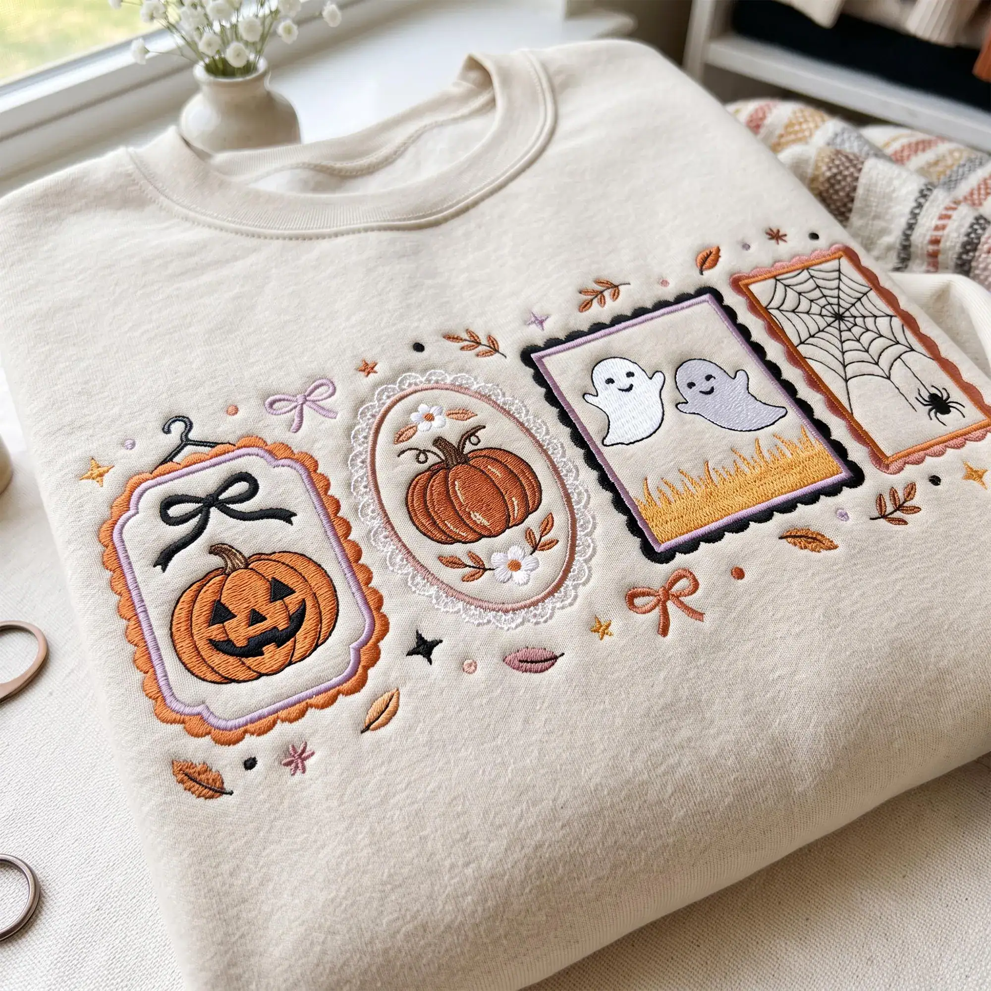 Halloween Embroidered Sweatshirt, Vintage Halloween Frames Crewneck, Ghost Pumpkin Spider Web Tee, Cozy Fall Sweatshirt, Cottagecore Gift - Image 3