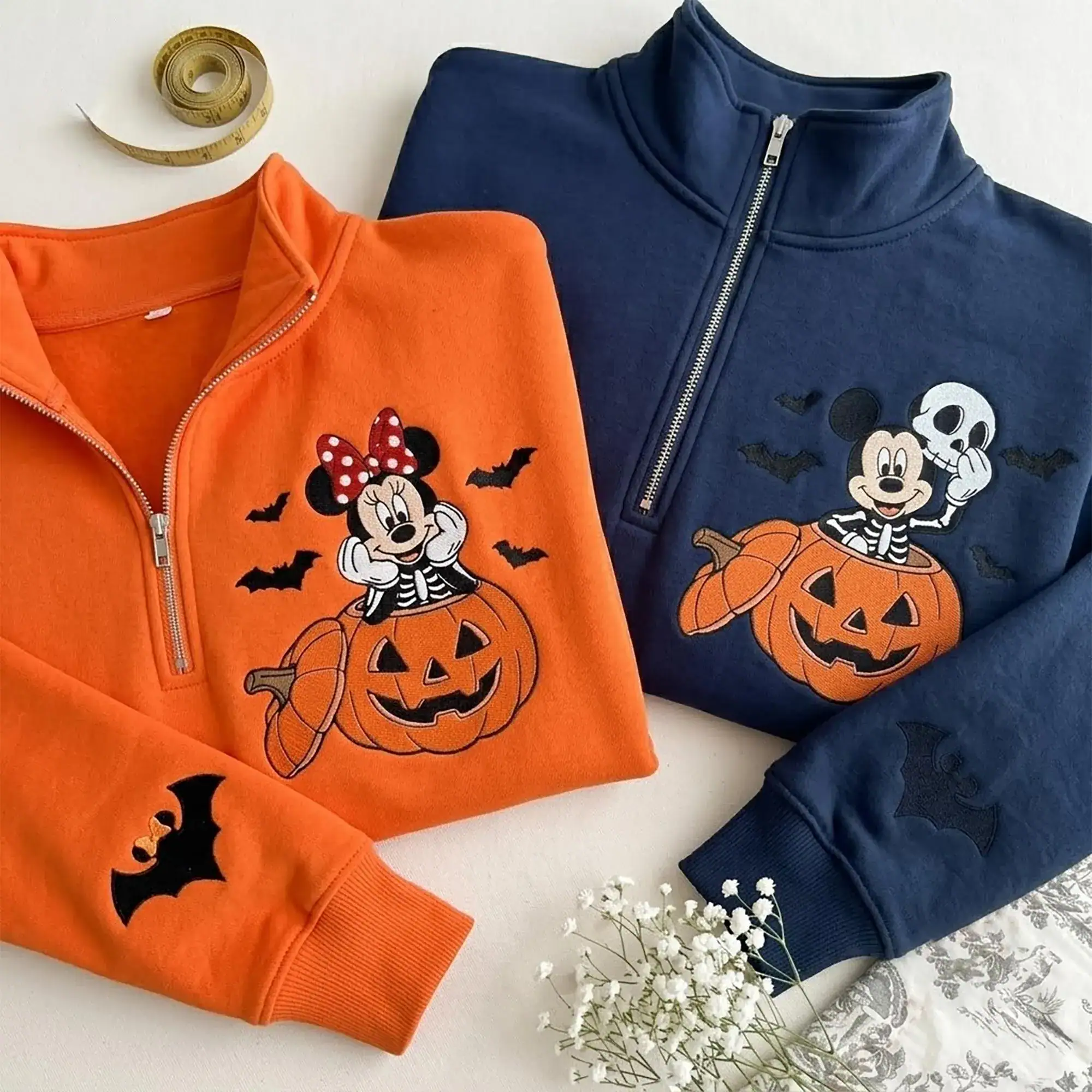 Halloween Pumpkin Embroidered Quarter Zip Sweatshirt, Cute Skeleton Mouse Couple Fall Pullover, Fall Festival Apparel,Spooky Season Gift