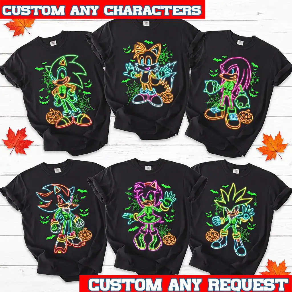 SN Halloween Neon Shirt, SN Shadow Silver Amy Tails Knuckles Glow Tee, Spooky Gamer Halloween Family Matching Shirt