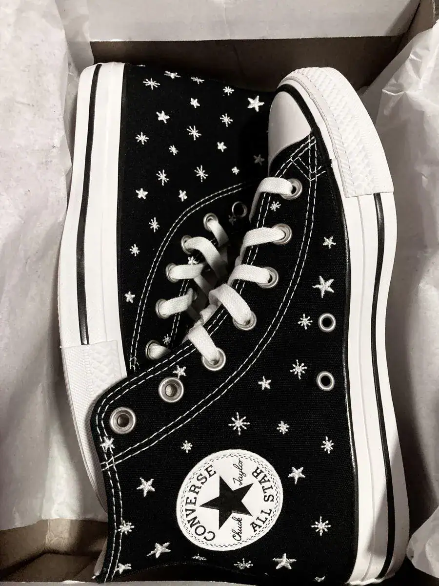 Hand Embroidered Star High Top Sneakers, Black Canvas Celestial Shoes, Minimalist Cosmic Gift for Her