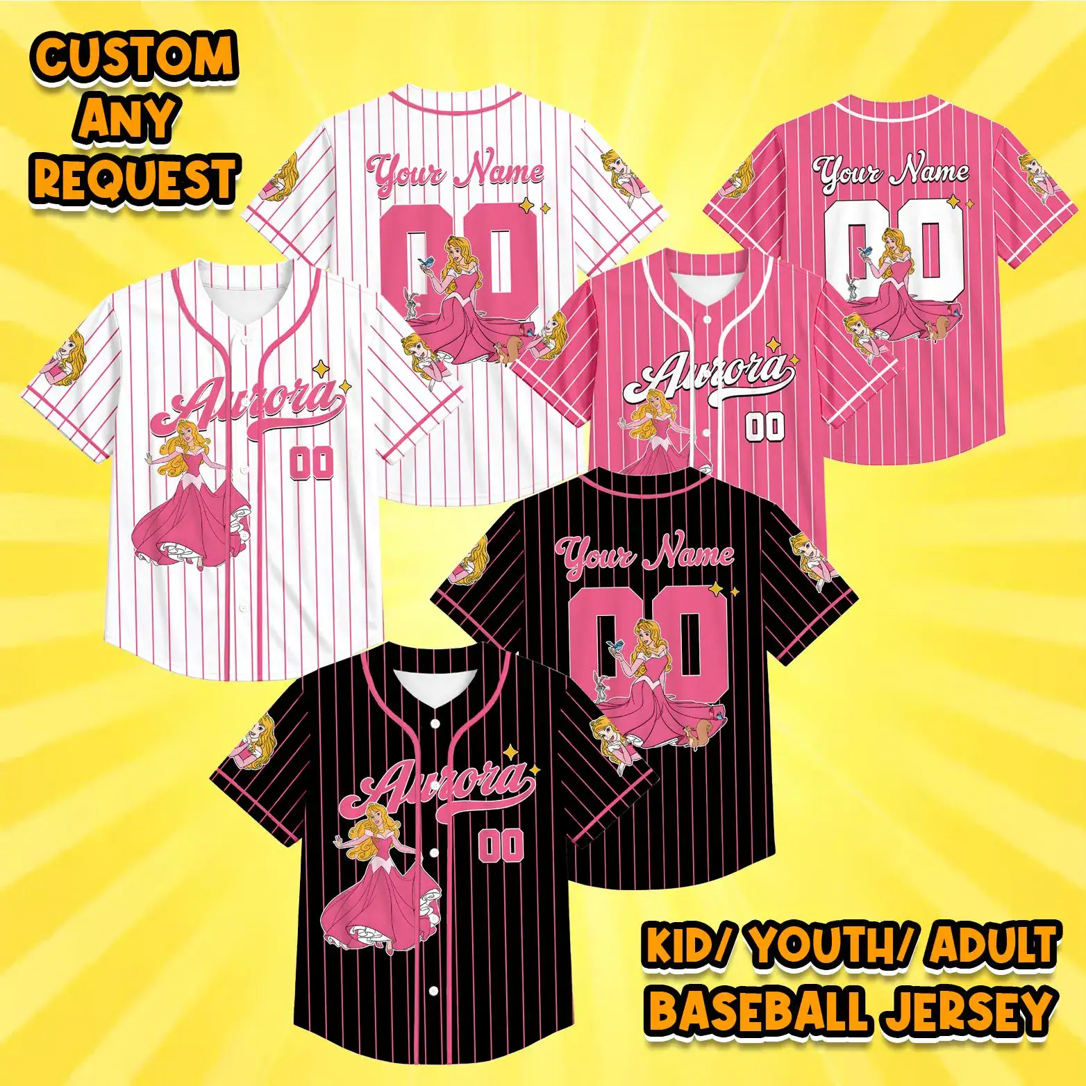 Personalized Aurora Baseball Jersey, Aurora Princess Jersey Shirt, Birthday Gift, Baseball Fan Lover Gift, Kid Youth Adult Baseball Jersey
