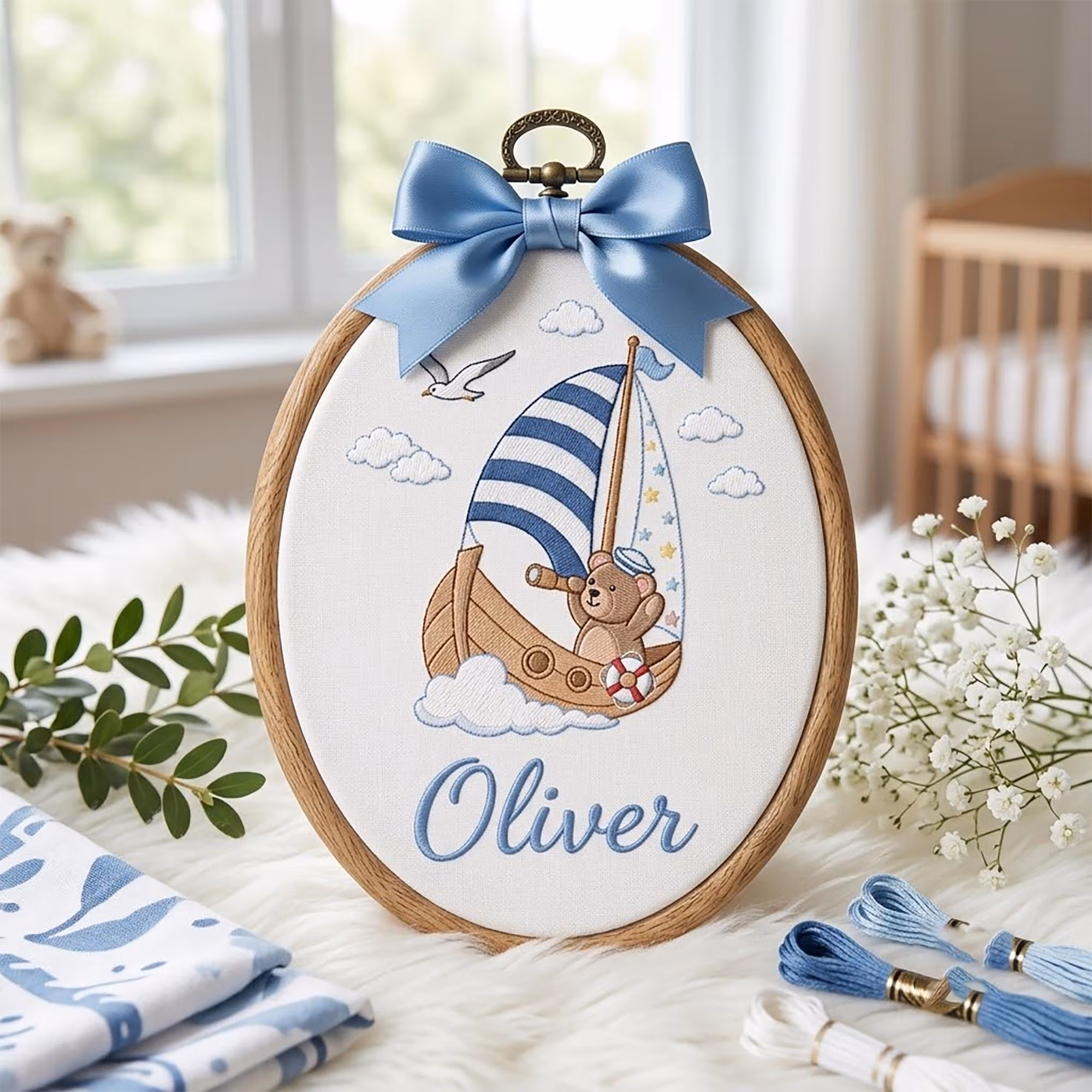 Personalized Embroidered Teddy Bear Boy Name Hoop, Personalized Nursery Hoop, Bear Sailboat Wall Decor, New Boy Gift, Shower Party Gift