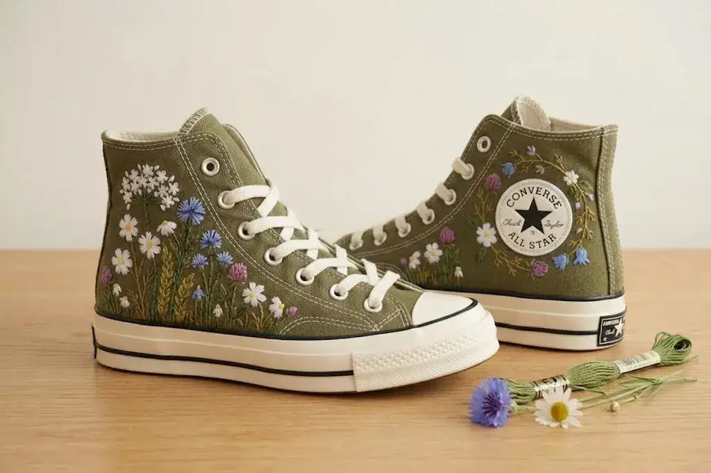 Custom Embroidered Converse-Style Sneakers – Floral Garden High Tops,Daisy Floral Wedding Sneakers, Cottagecore Bridal Shoes, Bride Gift - Image 4