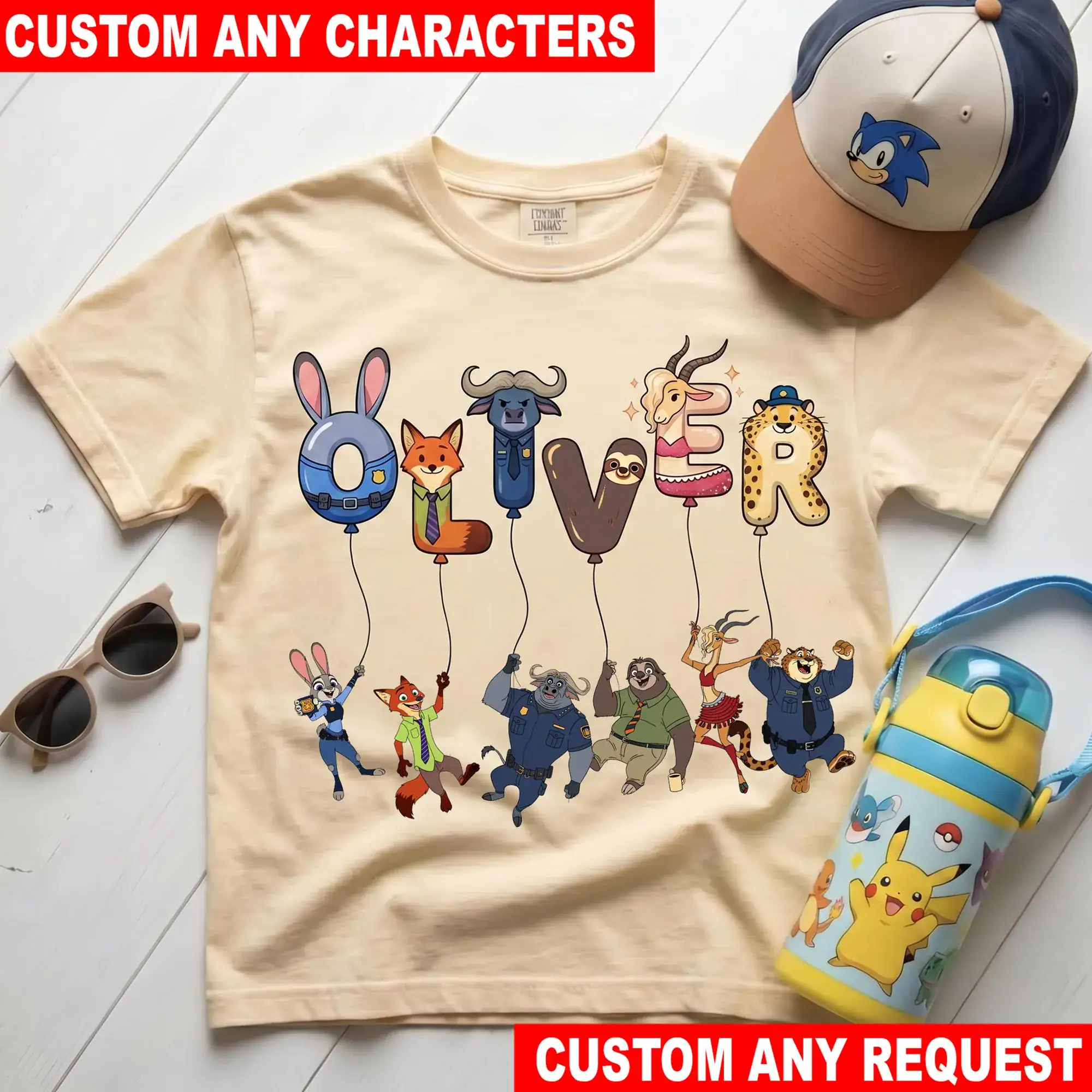 Personalized Zootopia Balloon T Shirt, Custom DN Zootopia Character Tee, Judy Hopps Nick Wilde Chief Bogo Flash Clawhauser Kids Gift
