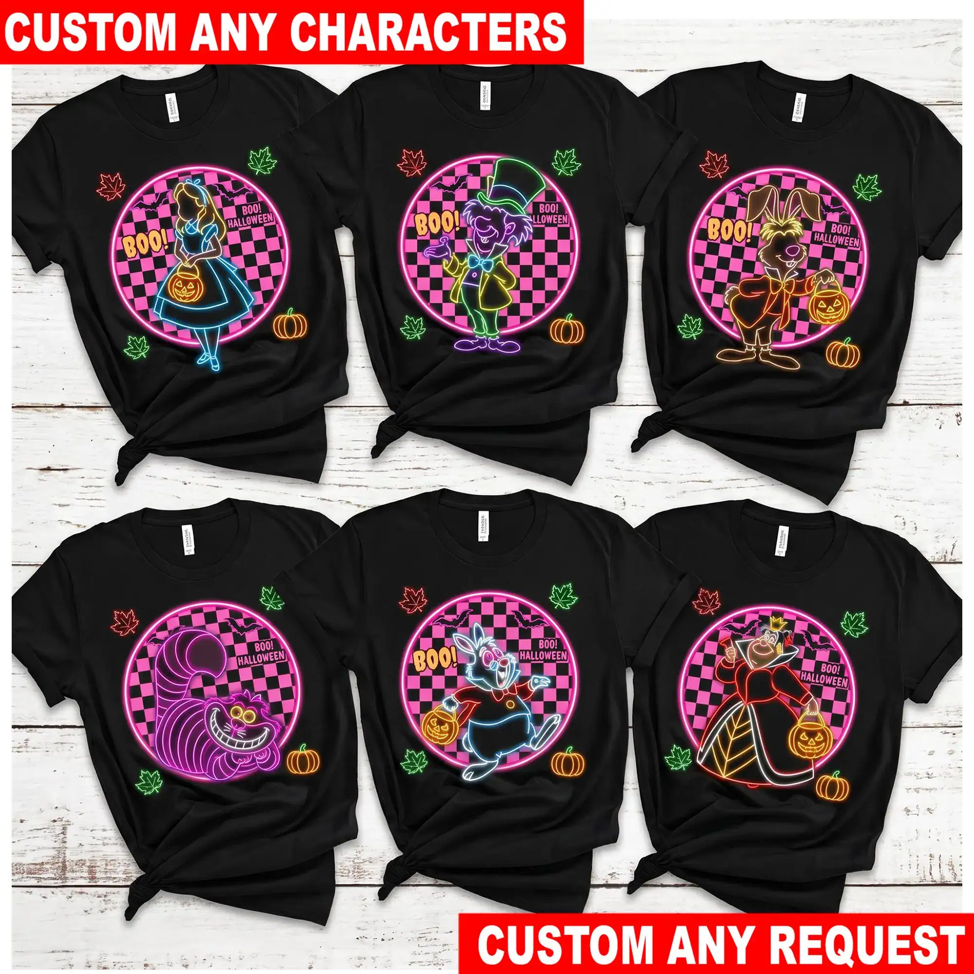 Personalized Alice in Wonderland Neon T Shirt, Custom DN Halloween Tee, Alice Mad Hatter White Rabbit Cheshire Cat Queen Shirt