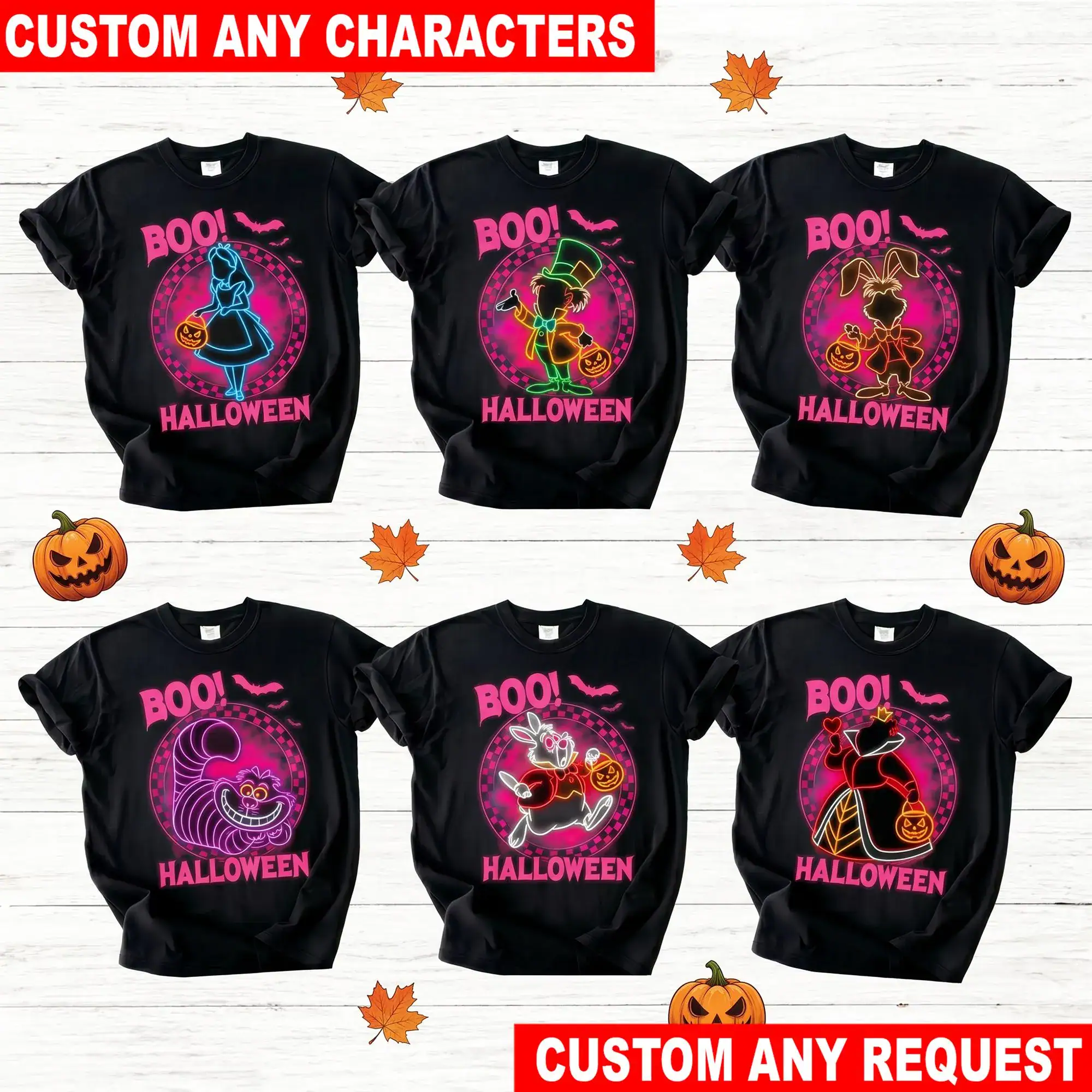 Personalized Alice in Wonderland Neon T Shirt, Custom DN Halloween Tee, Alice Mad Hatter White Rabbit Cheshire Cat Queen Shirt