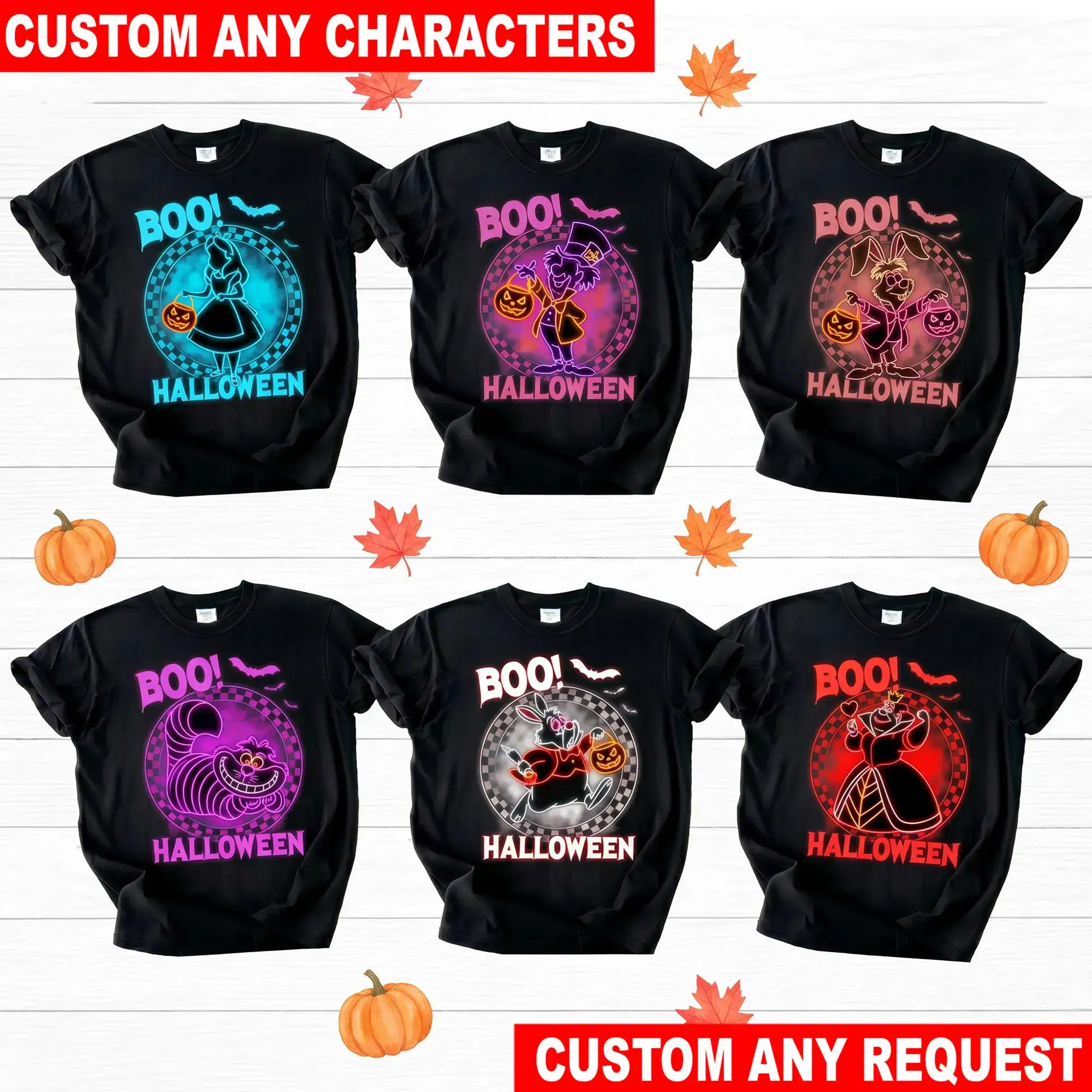 Personalized Alice in Wonderland Neon T Shirt, Custom DN Halloween Tee, Alice Mad Hatter White Rabbit Cheshire Cat Queen Shirt