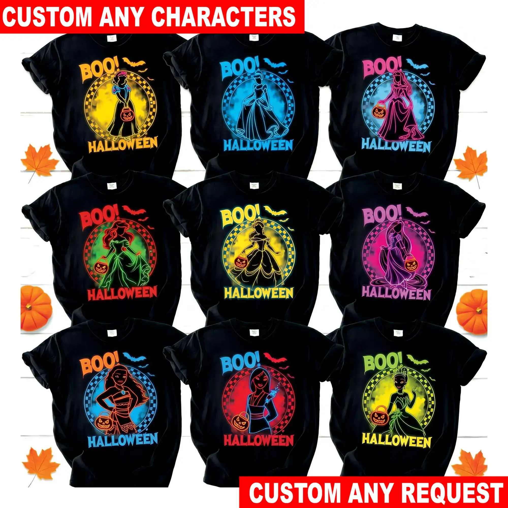 Personalized DN Princess Halloween Neon T Shirt, Snow White Cinderella Ariel Belle Aurora Moana Tiana Glow Tee Custom