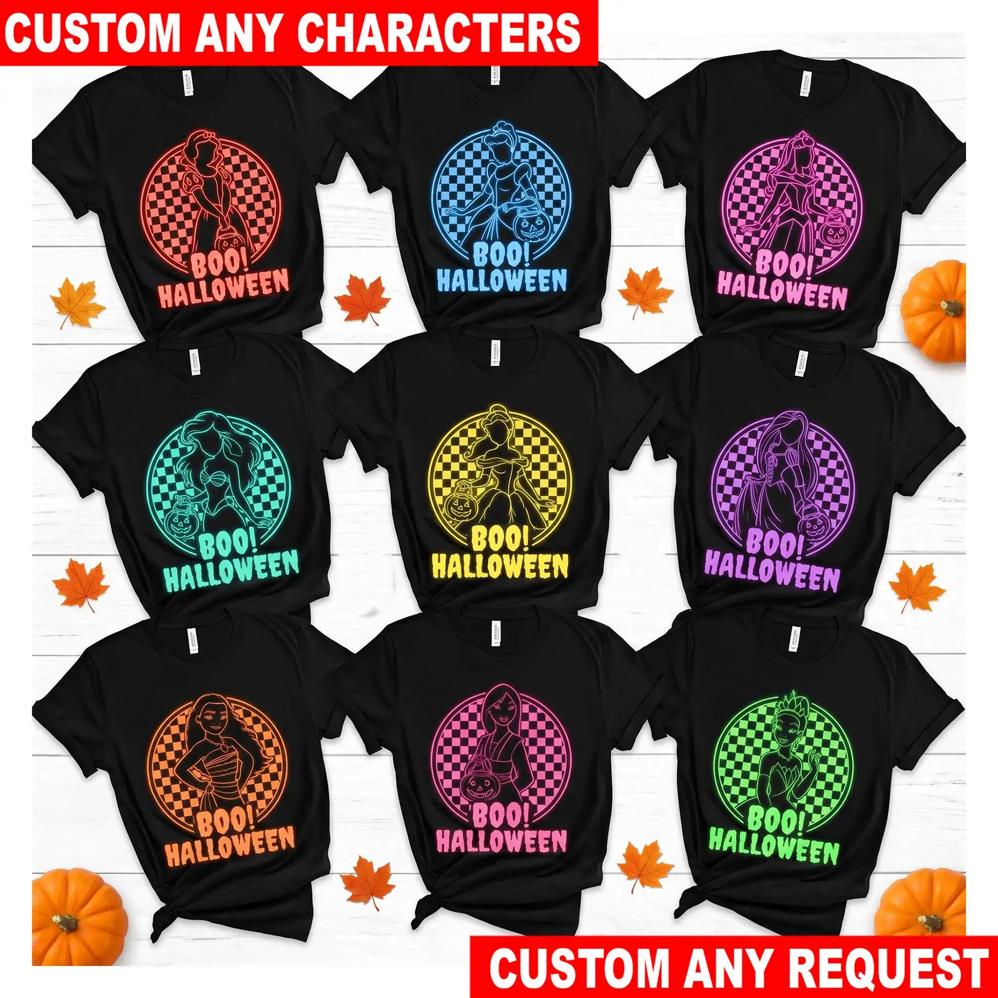 Personalized DN Princess Halloween Neon T Shirt, Snow White Cinderella Ariel Belle Aurora Moana Tiana Glow Tee Custom