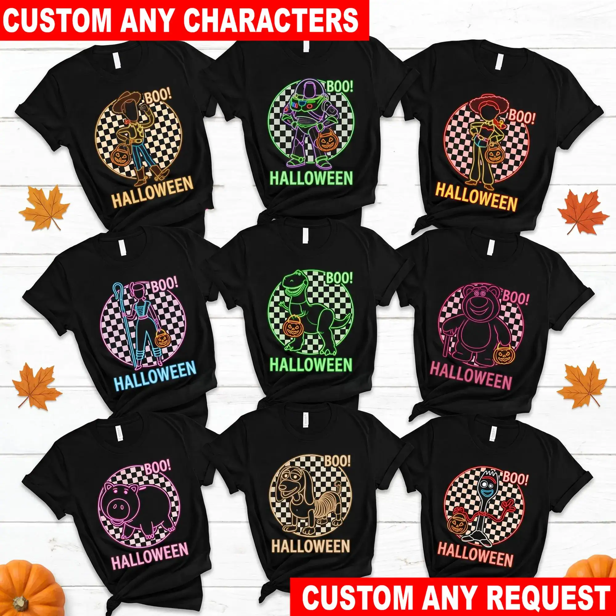Personalized Toy Story Halloween Neon T Shirt, Woody Buzz Jessie Bo Peep Rex Hamm Slinky Forky Glow Tee Gift for Kids