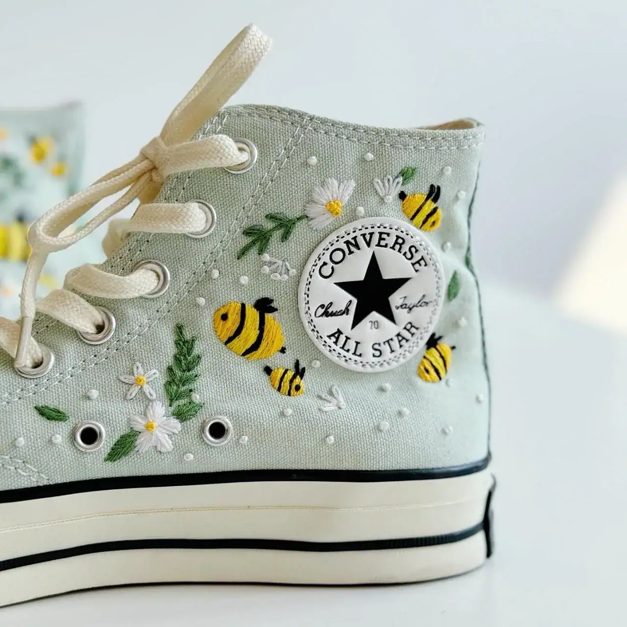 Bee Embroidered Converse Shoes | Daisy Floral Sneakers | Cottagecore Summer Aesthetic Custom Converse High Tops - Image 2