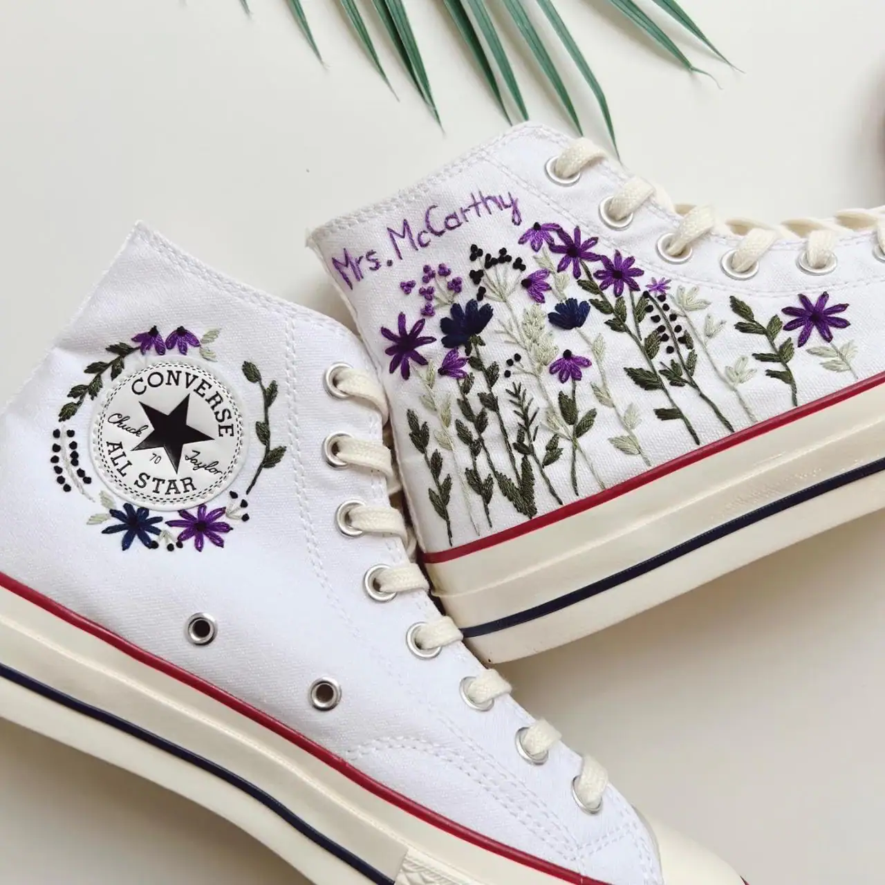 Custom Embroidered Converse Shoes, Purple Wildflower Bridal Sneakers, Personalized Wedding Gift, Mrs Name Floral High Tops