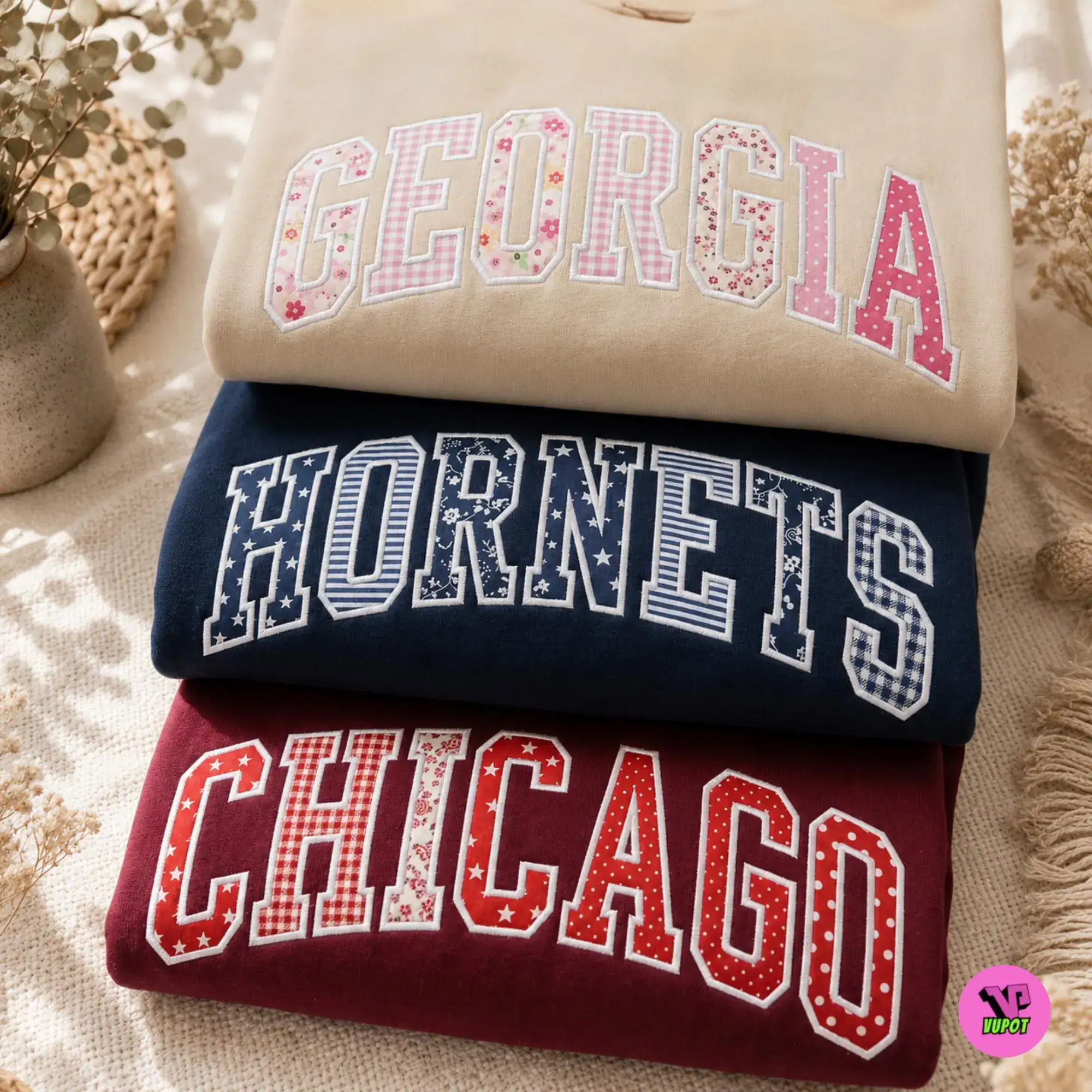 Embroidered Custom Varsity College Sweatshirt, Floral Applique Letter Crewneck, Personalized Mascot Name Shirt, Preppy High School Gift