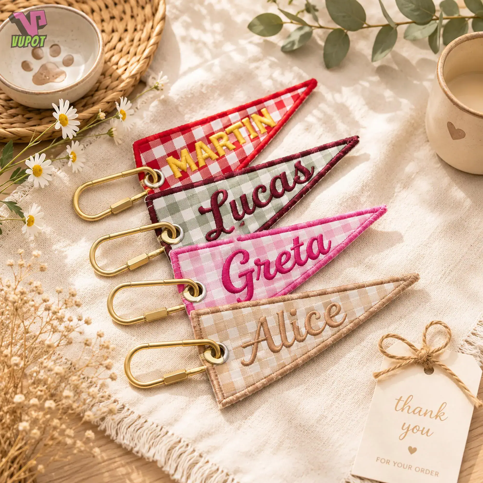 Gingham Caro Applique Pennant Name Embroidered Keychain, Personalized Patch Key Ring, Custom Backpack Name Tag, Colorful Bag Charm