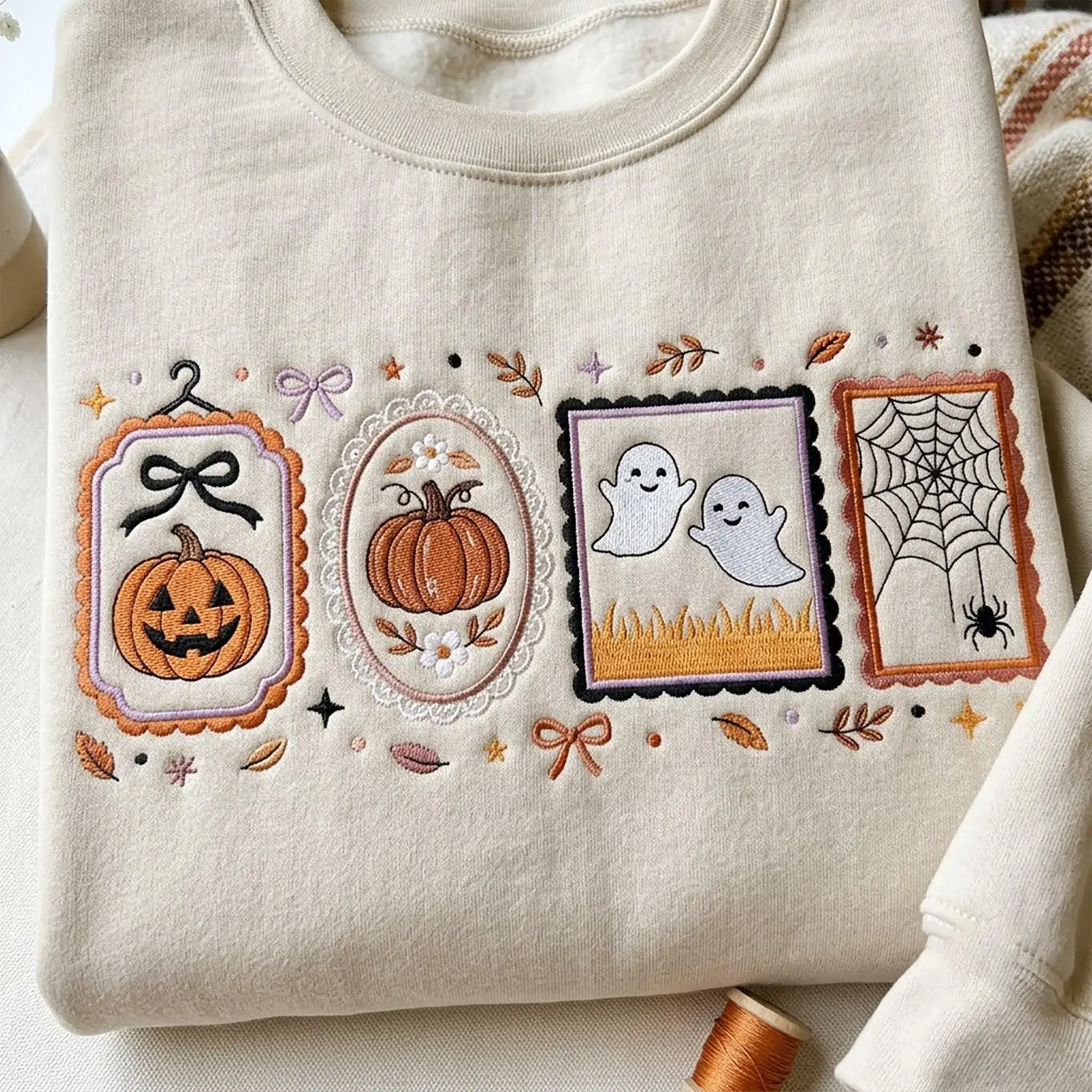 Halloween Embroidered Sweatshirt, Vintage Halloween Frames Crewneck, Ghost Pumpkin Spider Web Tee, Cozy Fall Sweatshirt, Cottagecore Gift