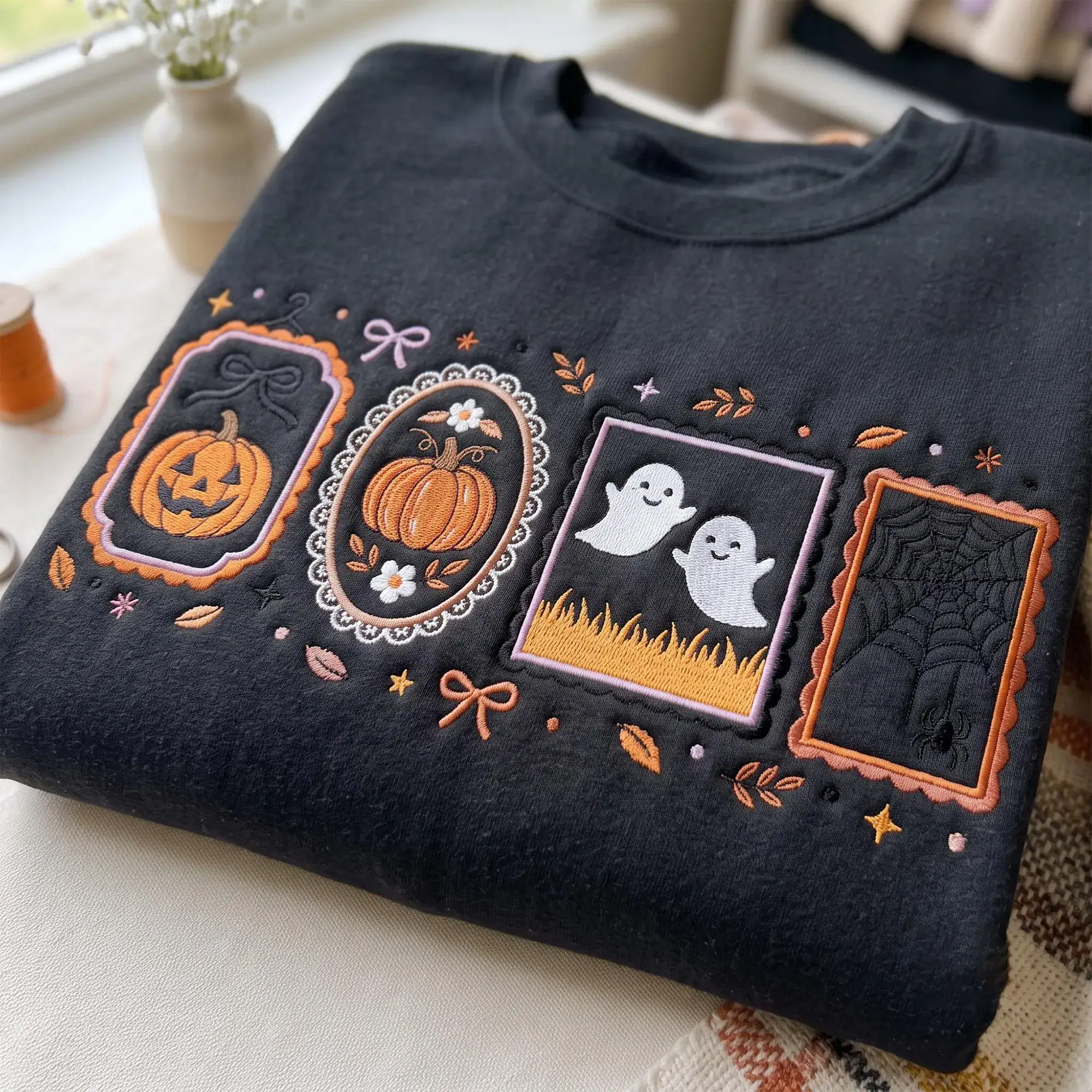 Halloween Embroidered Sweatshirt, Vintage Halloween Frames Crewneck, Ghost Pumpkin Spider Web Tee, Cozy Fall Sweatshirt, Cottagecore Gift - Image 2
