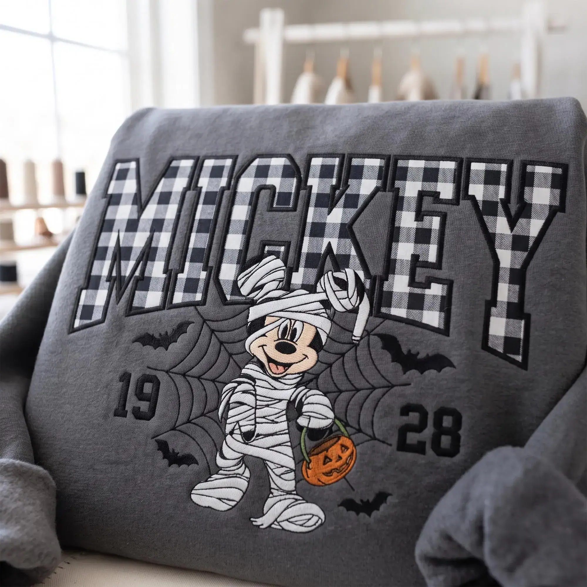 Personalized Mummy Mouse Embroidered Sweatshirt, Gingham Applique Halloween Crewneck, Magical Land Family Matching Shirts, Cozy Fall Gift - Image 3