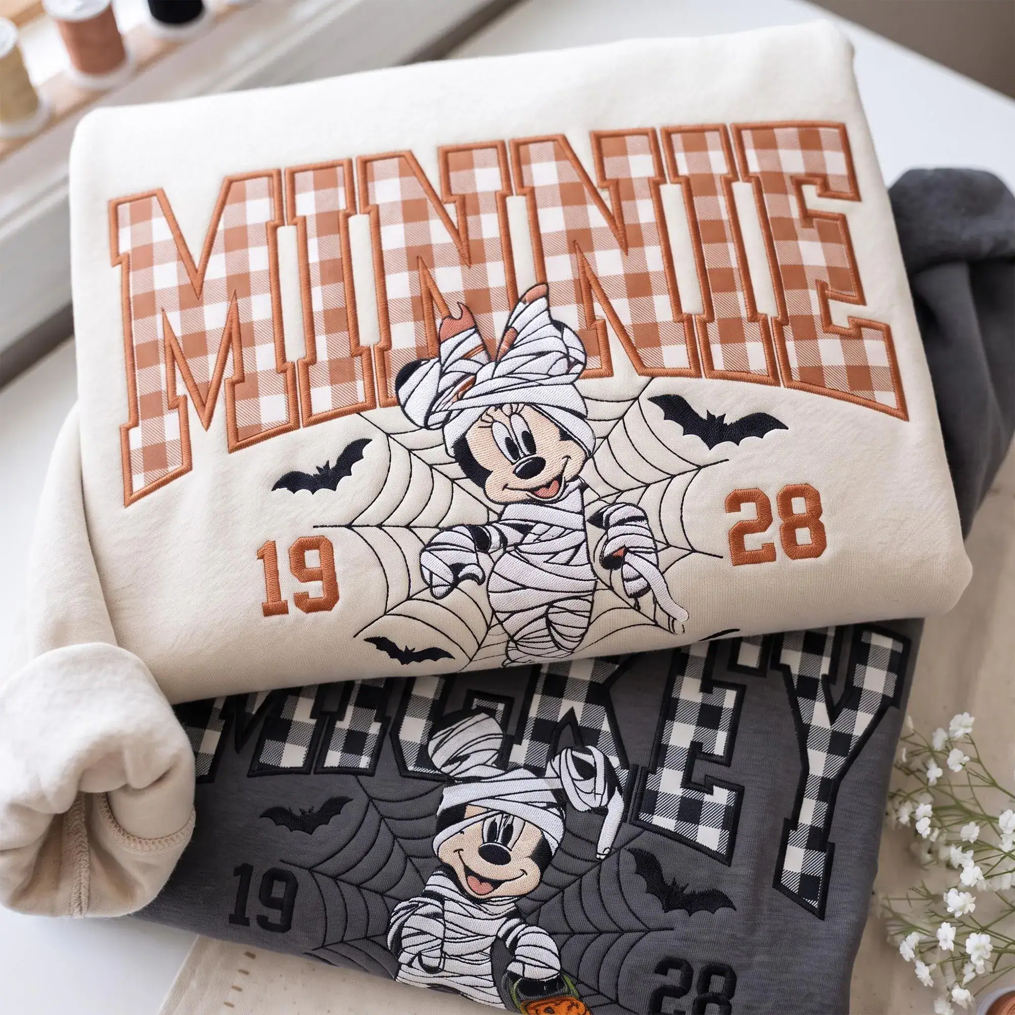 Personalized Mummy Mouse Embroidered Sweatshirt, Gingham Applique Halloween Crewneck, Magical Land Family Matching Shirts, Cozy Fall Gift - Image 2