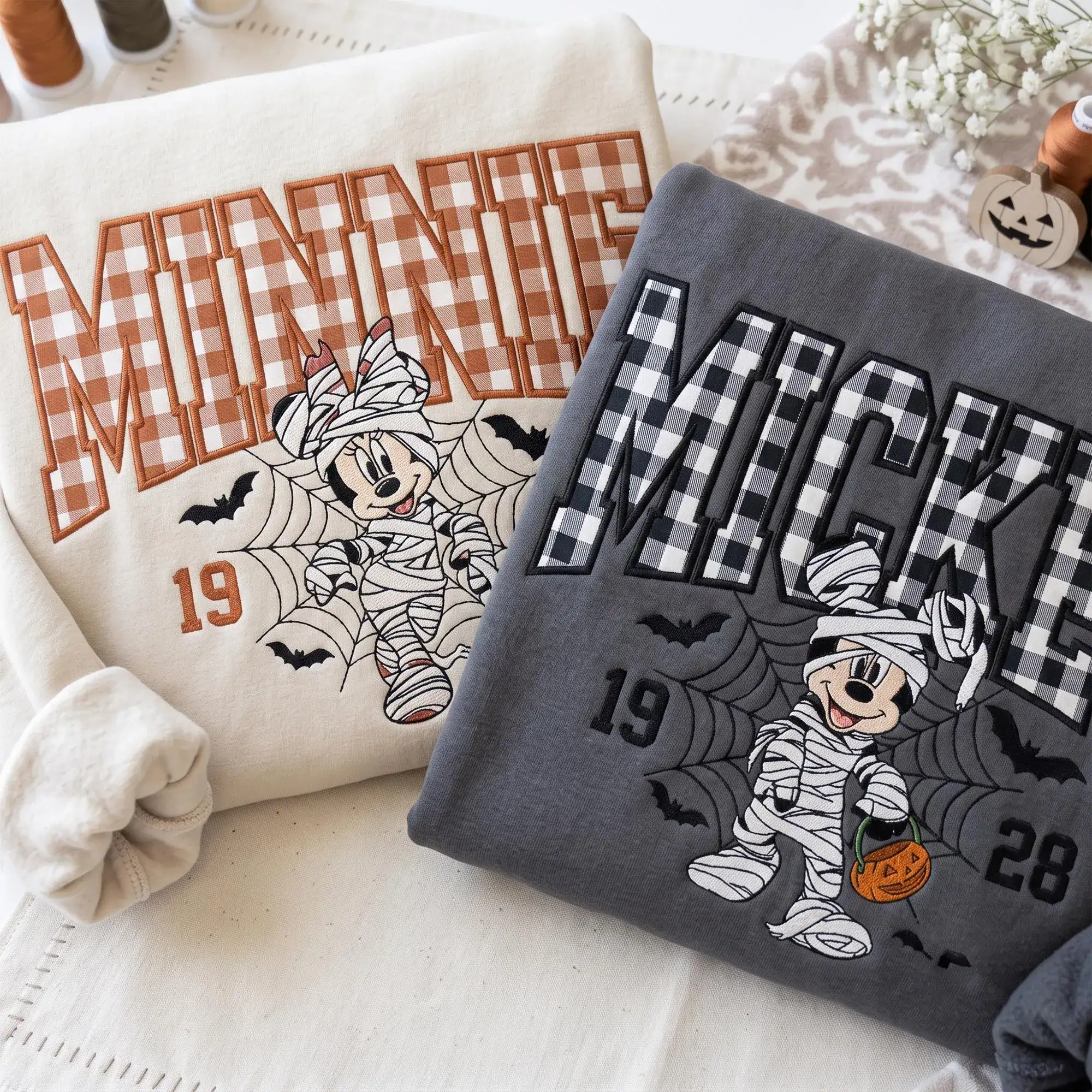 Personalized Mummy Mouse Embroidered Sweatshirt, Gingham Applique Halloween Crewneck, Magical Land Family Matching Shirts, Cozy Fall Gift