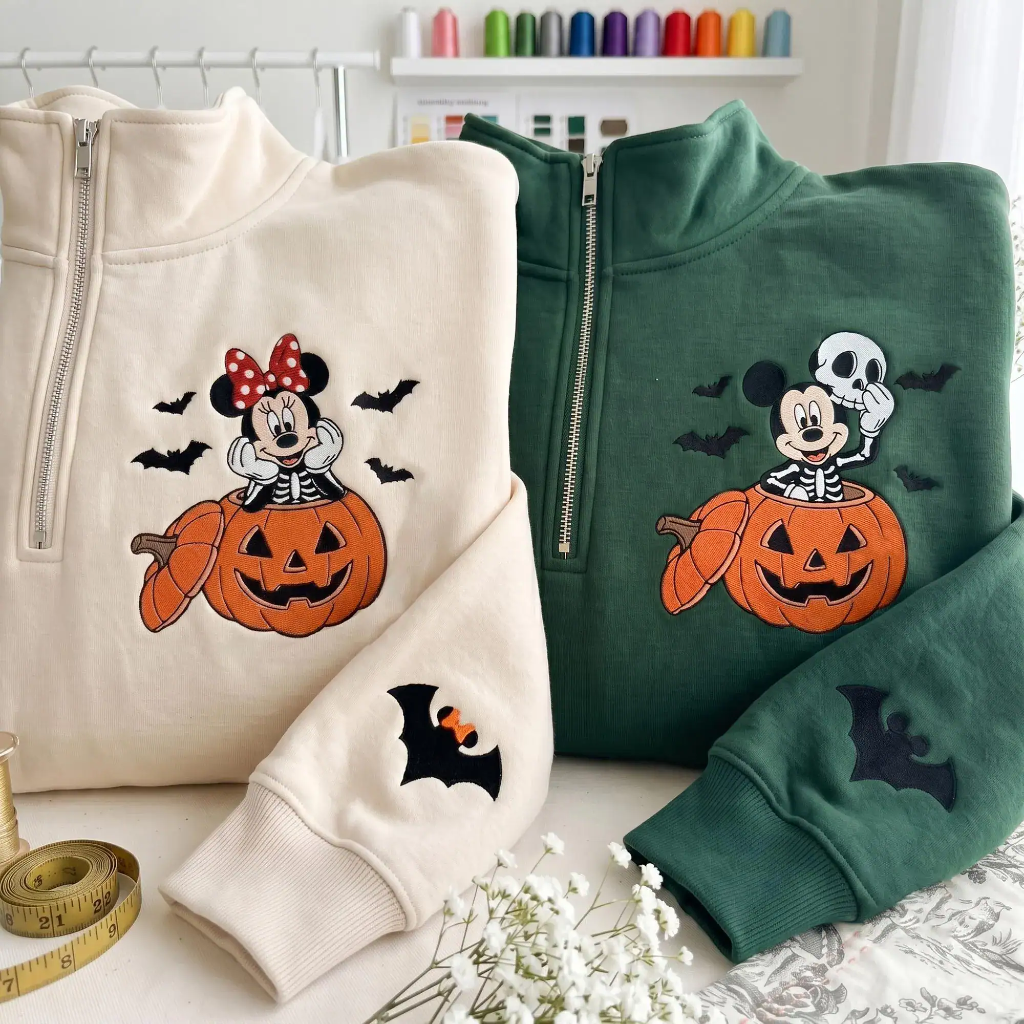 Halloween Pumpkin Embroidered Quarter Zip Sweatshirt, Cute Skeleton Mouse Couple Fall Pullover, Fall Festival Apparel,Spooky Season Gift - Image 2