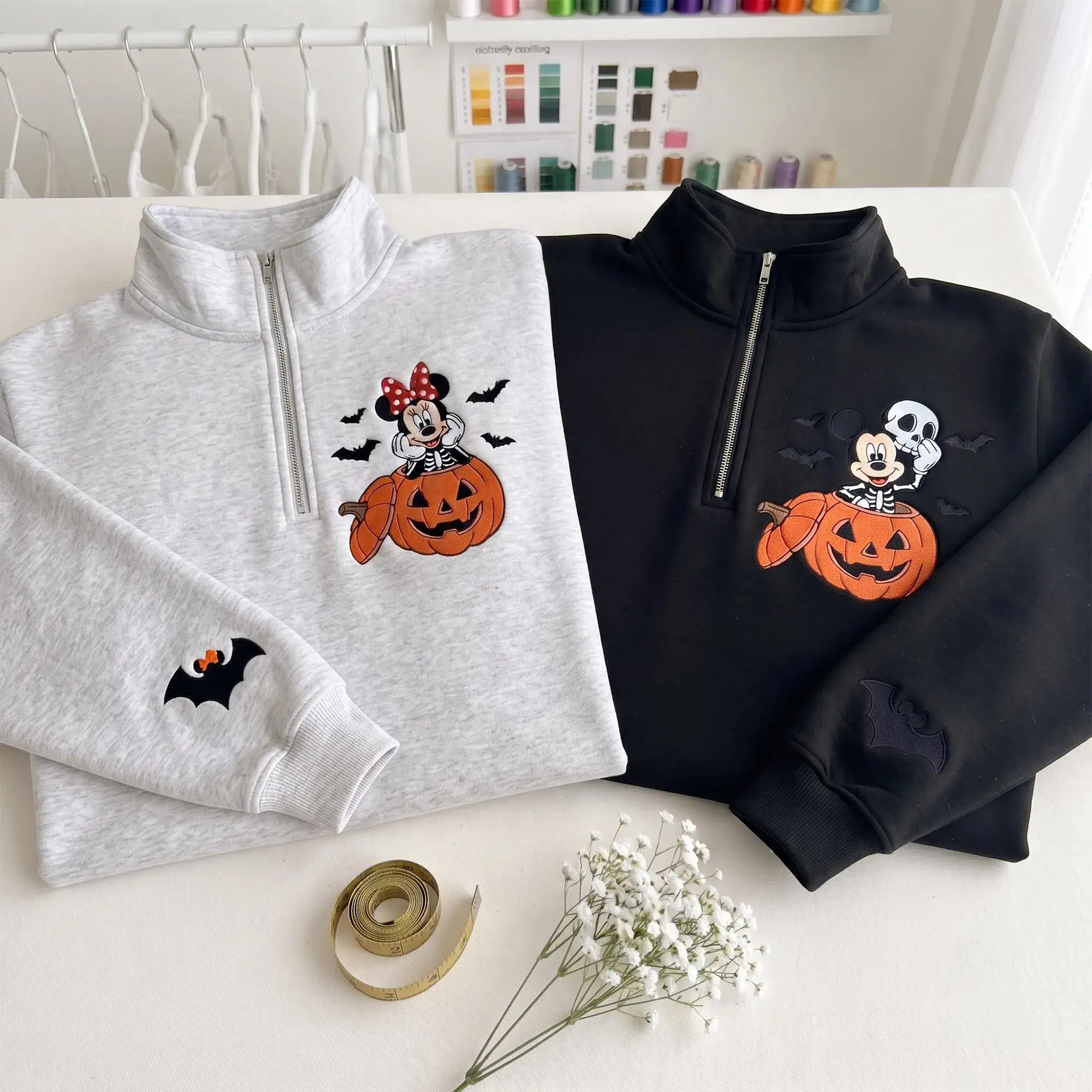 Halloween Pumpkin Embroidered Quarter Zip Sweatshirt, Cute Skeleton Mouse Couple Fall Pullover, Fall Festival Apparel,Spooky Season Gift - Image 3