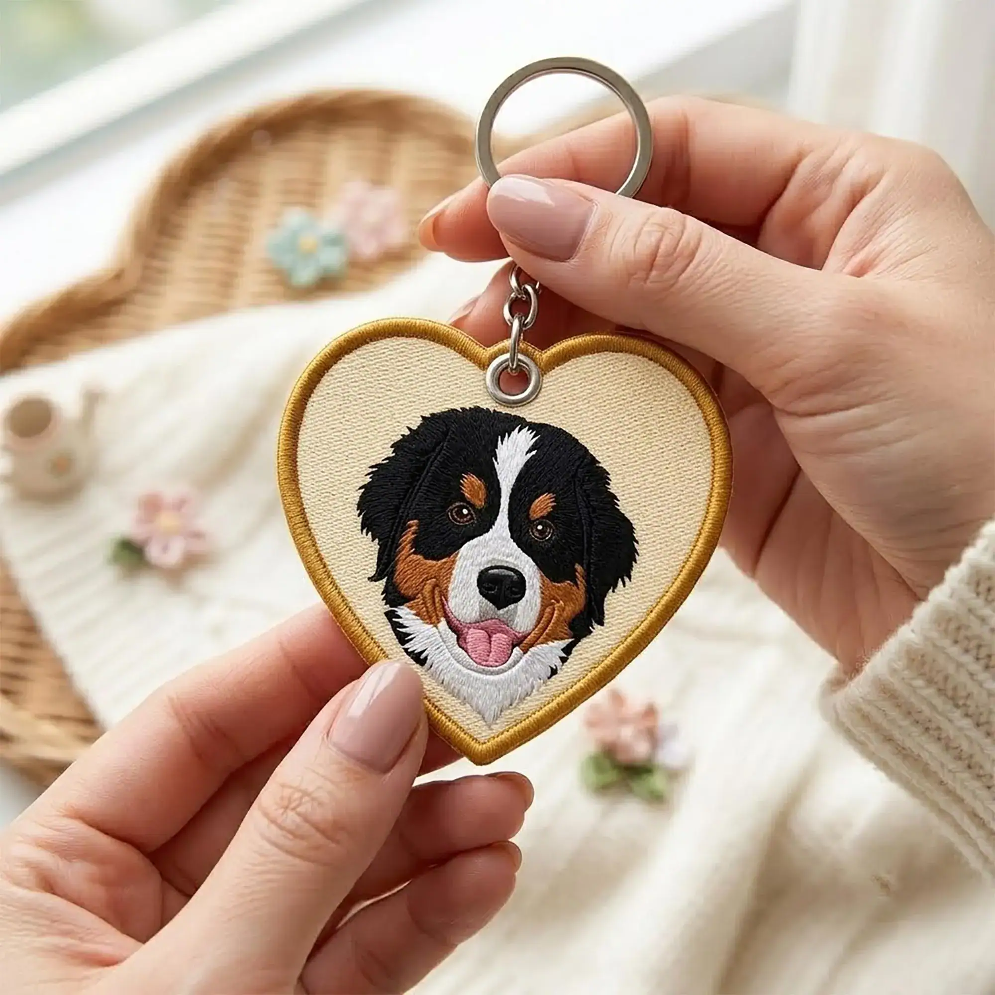 Custom Embroidered Pet Portrait Bag Charm, Personalized Dog Cat Bag Tag, Pet Keychain, Pet Lover Gift, Pet Memorial Gift