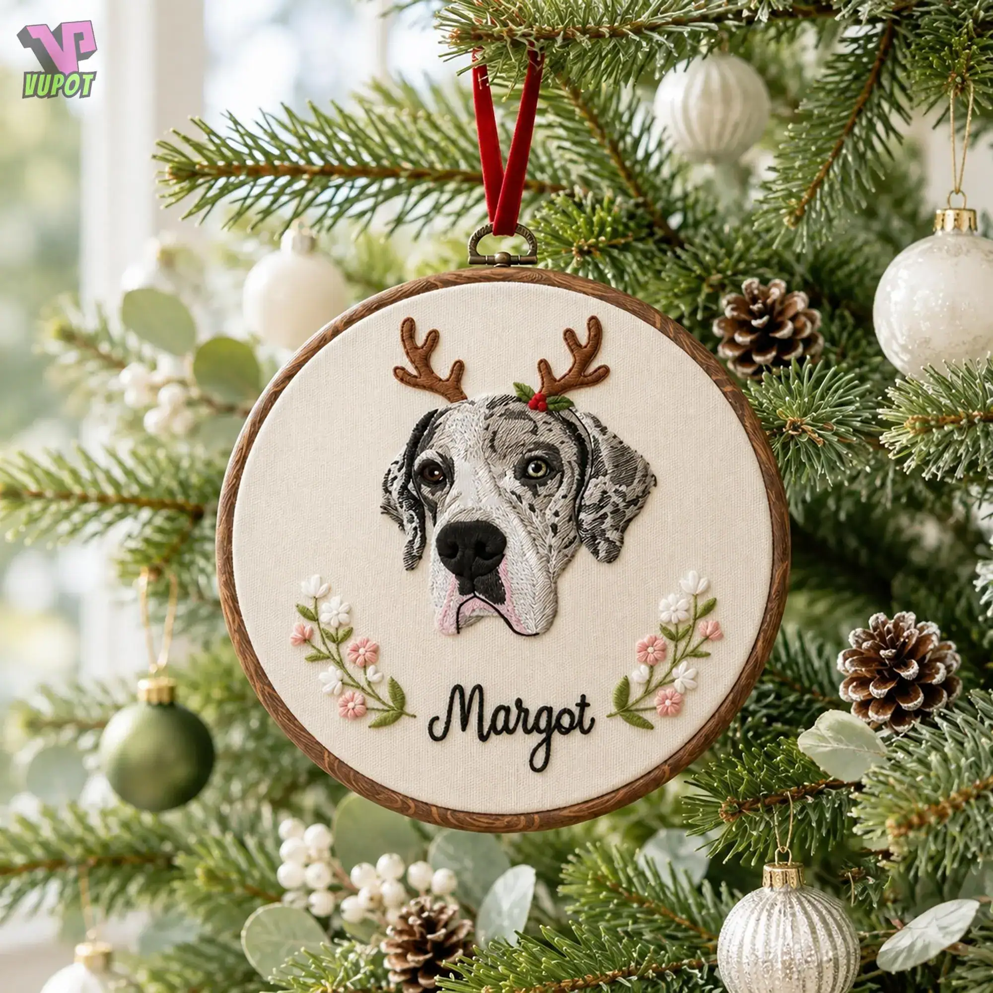 Embroidered Custom Pet Portrait Hoop Keepsake, Personalized Dog Face Hoop With Name, Dog Cat Wall Art, Pet Memorial Gift, Christmas Gift