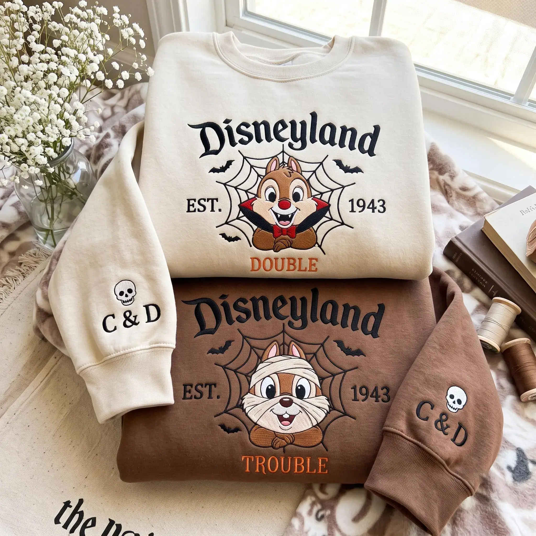 Halloween Woodland Chipmunk Embroidered Sweatshirt, Spooky Magical Land Couple Crewneck, Vampire & Mummy Fall Pullover, Cozy Autumn Gift - Image 2