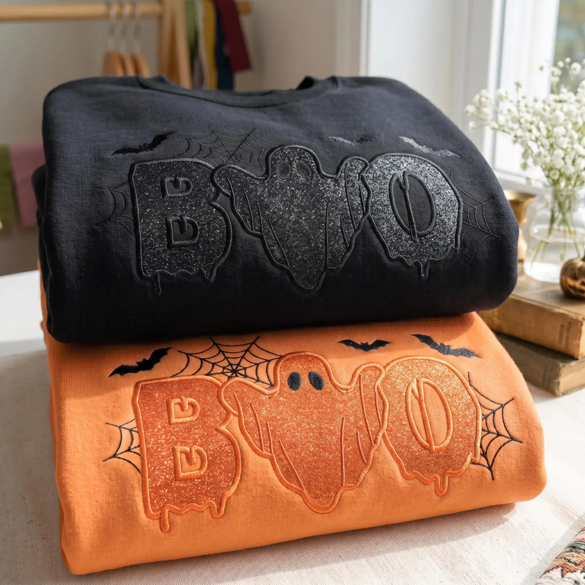 Spooky Boo Halloween Embroidered Shirt, Ghost Applique Shirt, Spooky Season Crewneck, Black & Orange Halloween Pullover, Cozy Fall Gift