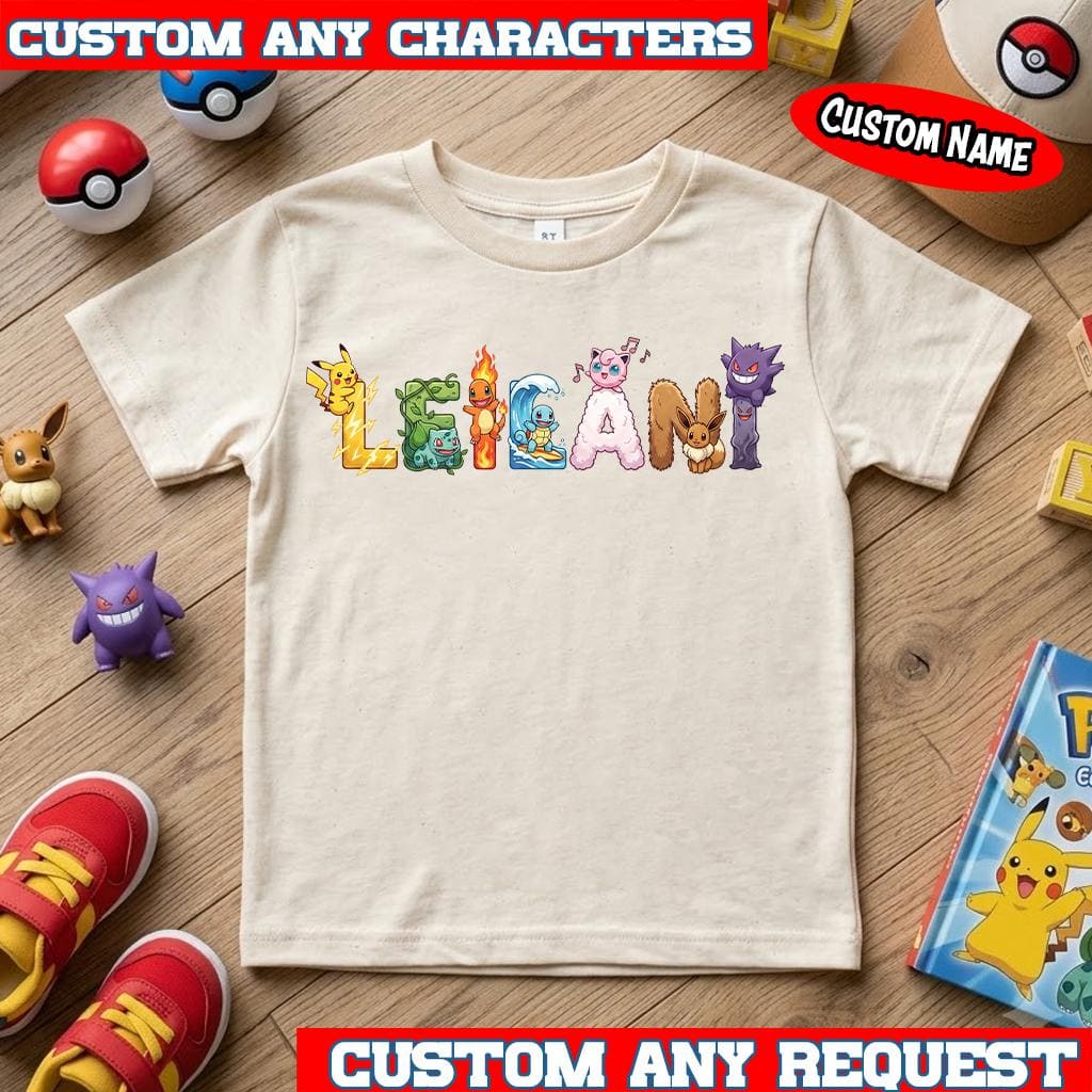 Personalized PKM Name Shirt, Custom Poke monster Kids Shirt, Poke Characters Name Tee, Bulbasaur Eevee Gengar Mew Gift for Kid, Birthday kid