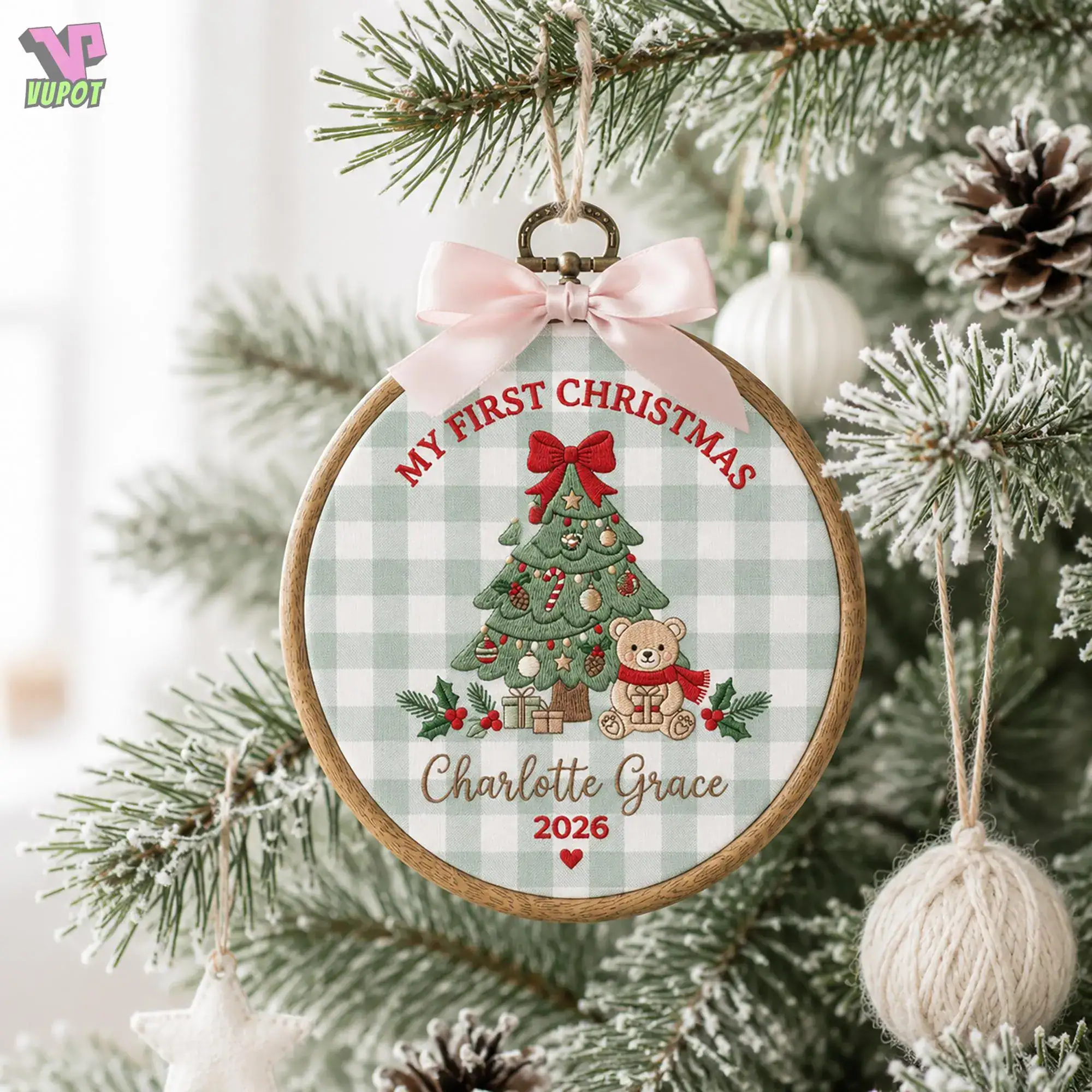 Personalized First Christmas Embroidery Hoop Ornament, Custom Name 2026 Keepsake, Christmas Tree Hoop Decor, Holiday Gift