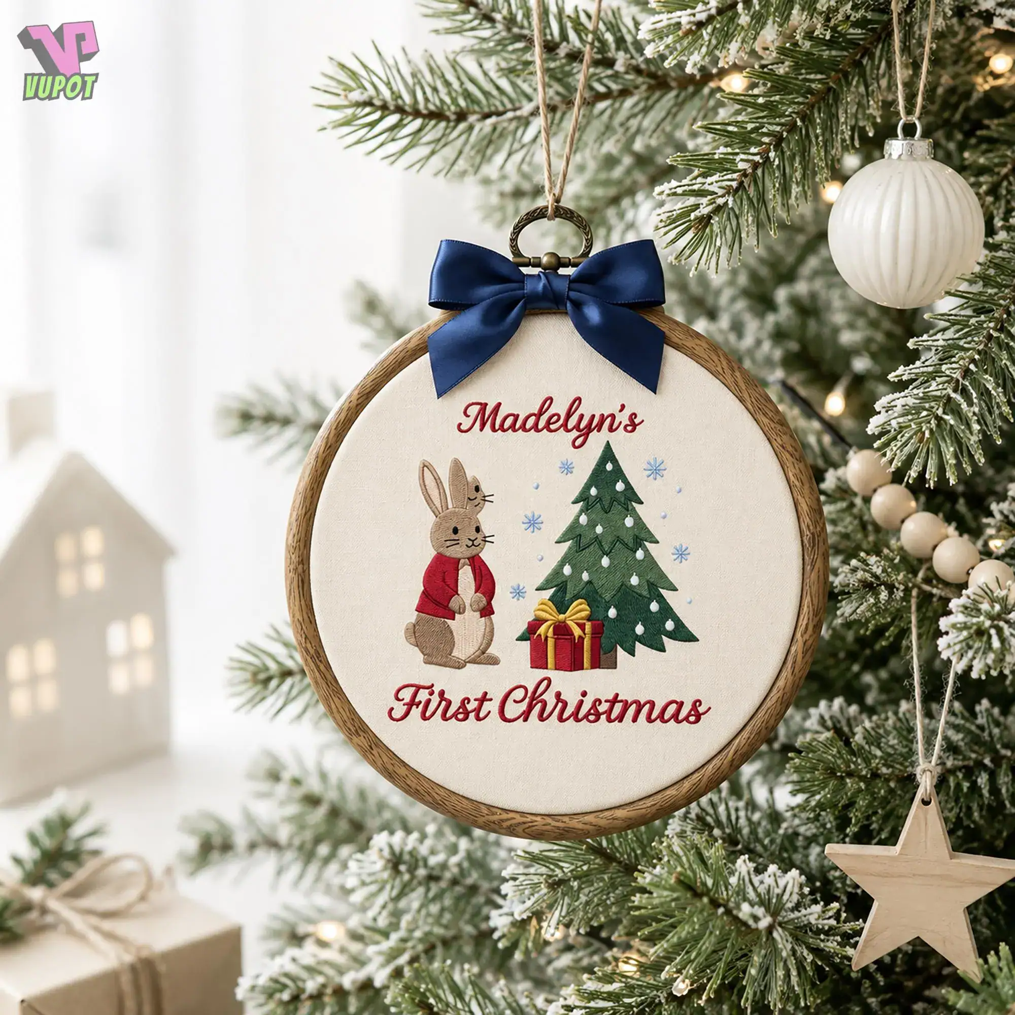 Personalized First Christmas Embroidered Hoop Ornament, Custom Name Woodland Bunny Keepsake, Christmas Tree Decor, Holiday Gift