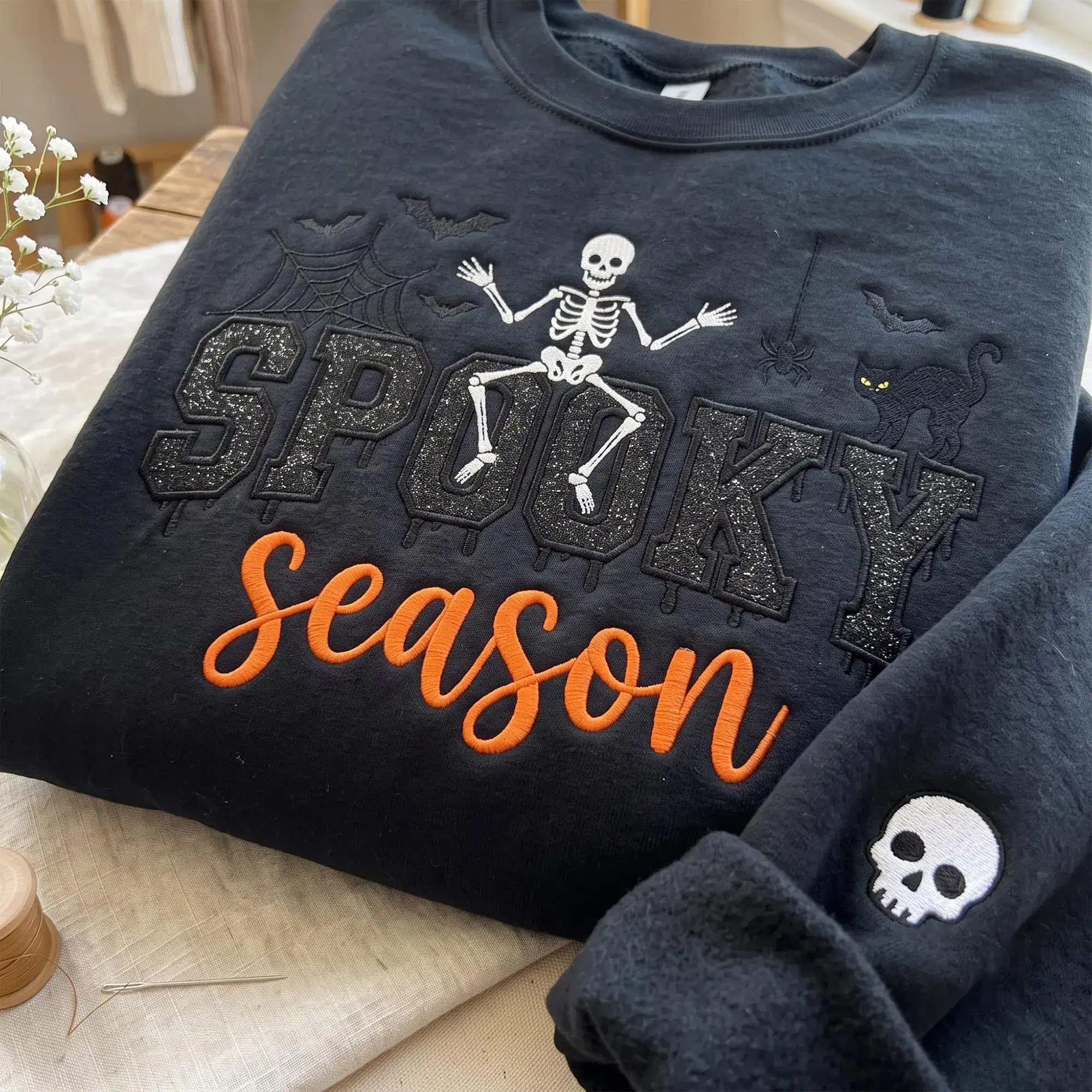 Spooky Season Embroidered Sweatshirt, Skeletone Halloween Crewneck, Black Cat and Bat Applique Tee, Cozy Season Gift, Halloween Gift