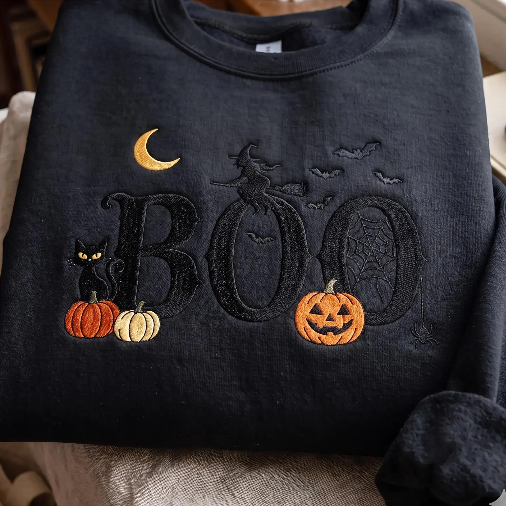 Halloween Boo Embroidered Sweatshirt, Black Cat Pumpkin Crewneck, Witch Hat Ghost Fall Shirt, Spooky Season Gift, Cozy Autumn Pullover Gift