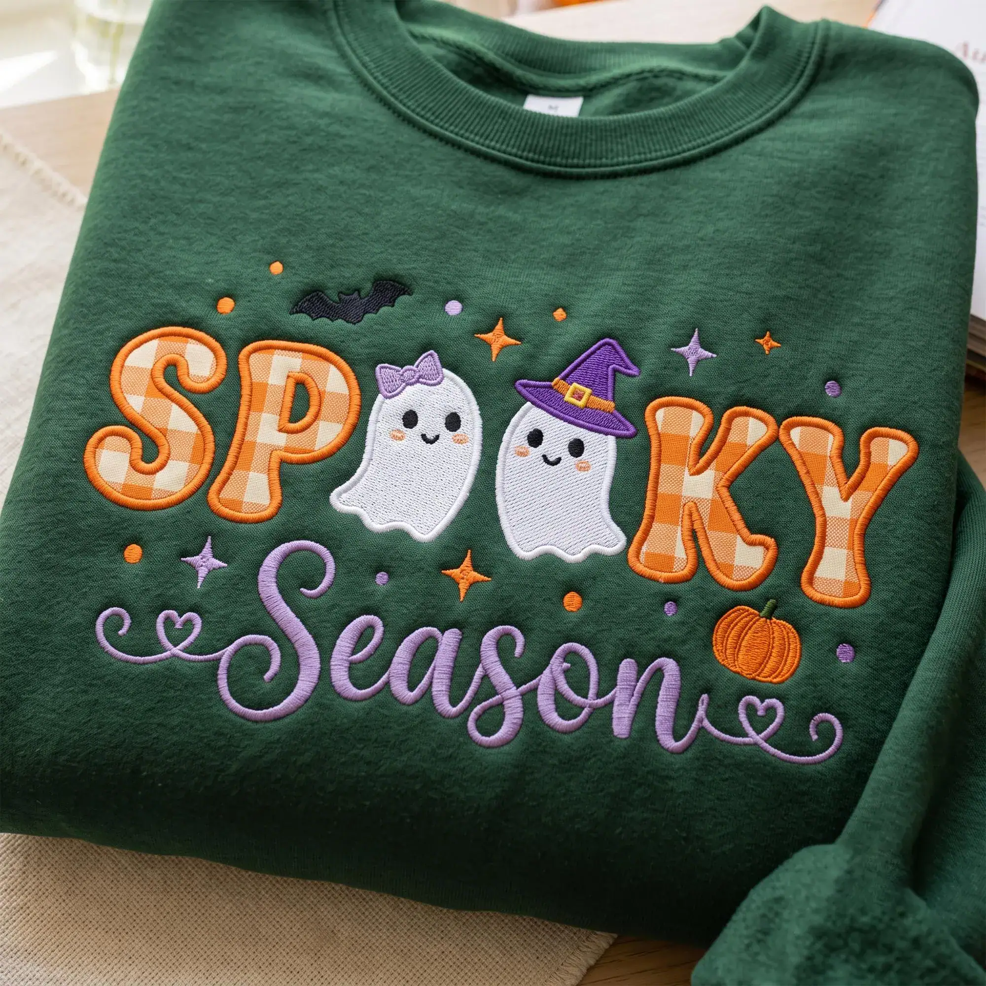 Spooky Season Embroidered Sweatshirt, Fall Crewneck For Women, Cute Ghost Applique Shirt, Halloween Fall Apparel, Cozy Autumn Gift
