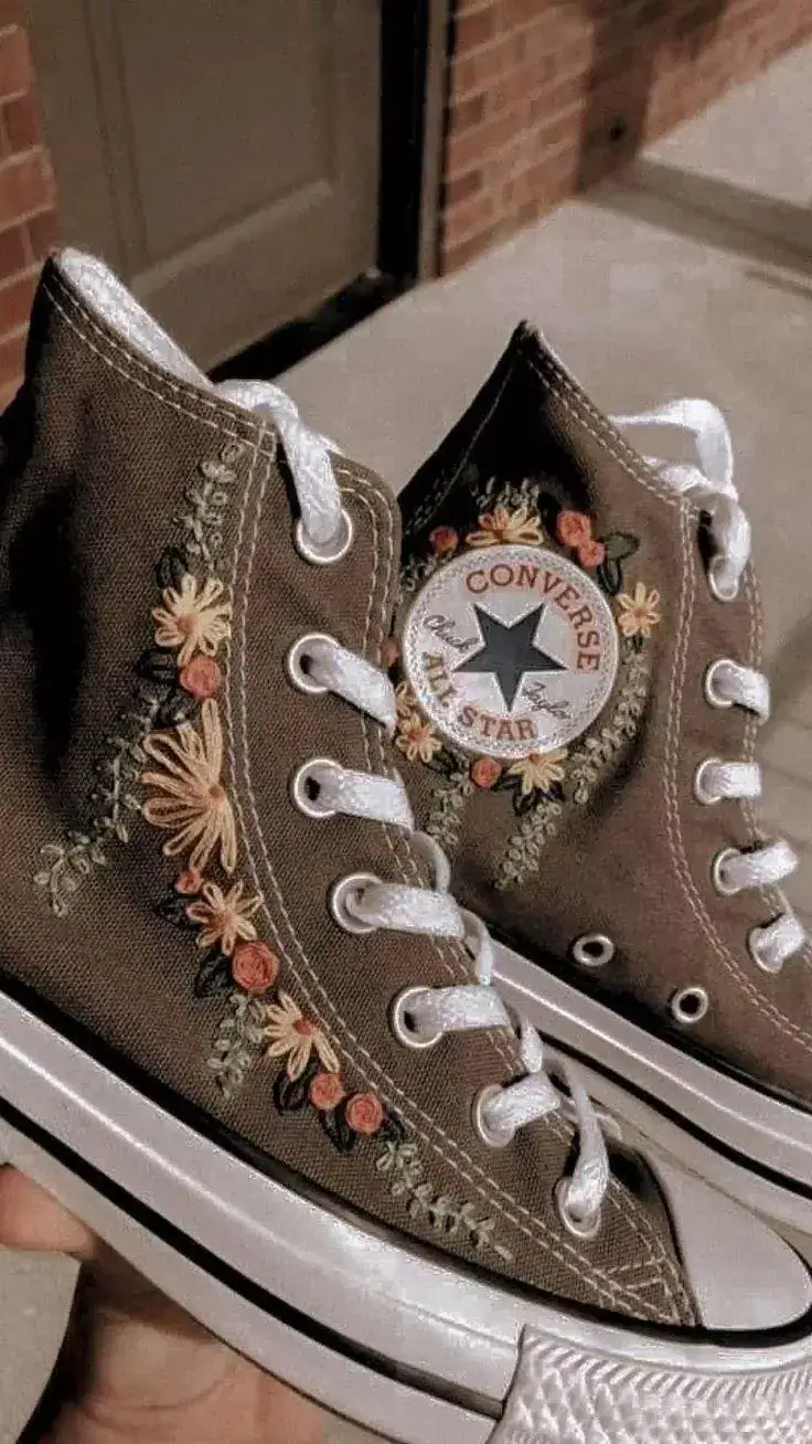 Hand Embroidered Floral High Top Sneakers, Taupe Canvas Shoes, Boho Wildflower Wedding Shoes, Cottagecore Gift for Her