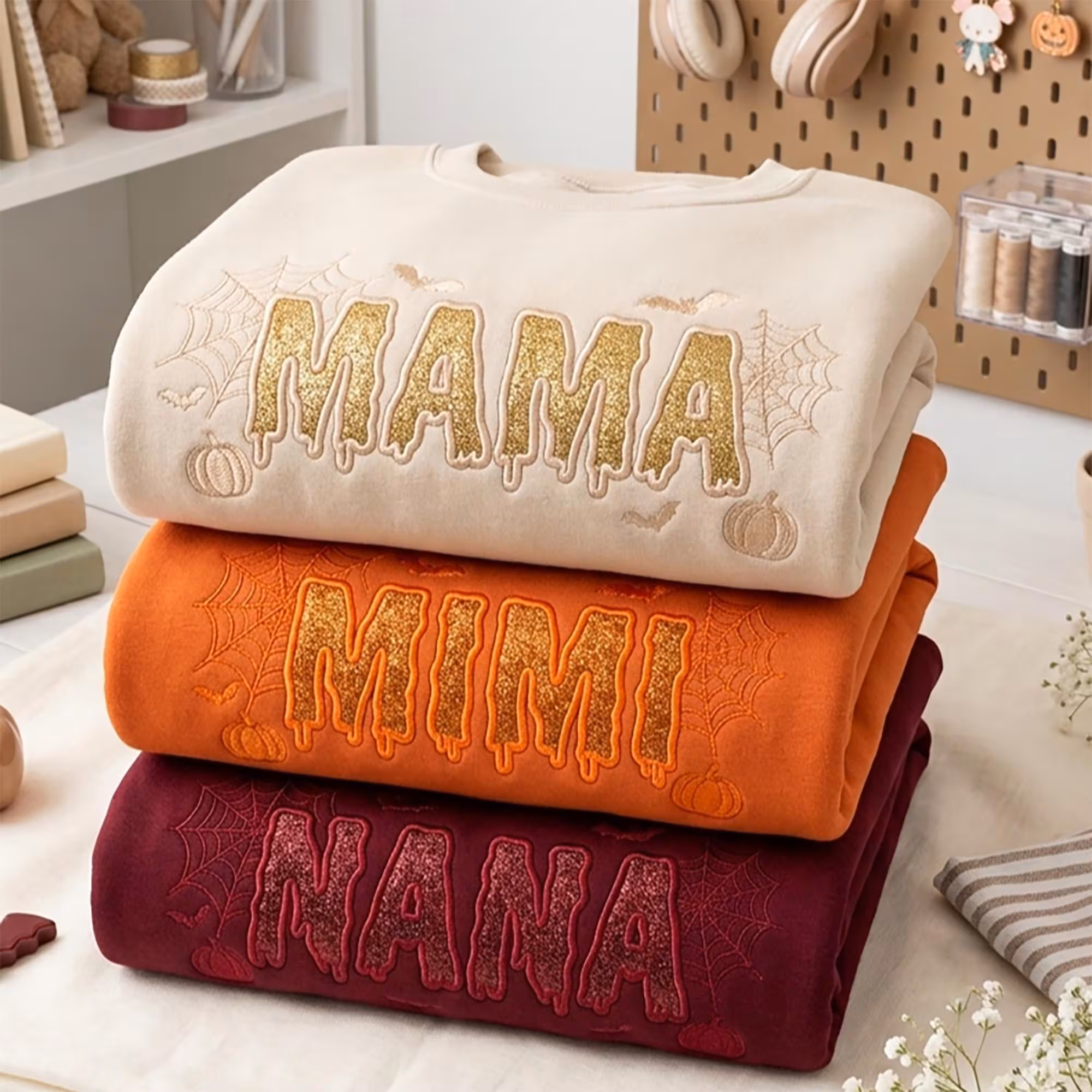 Mama Halloween Glitter Embroidered Shirt, Personalized Shirt For Mom, Nana, Auntie, Custom Spooky Family Shirt, Halloween Gift, Gift For Her