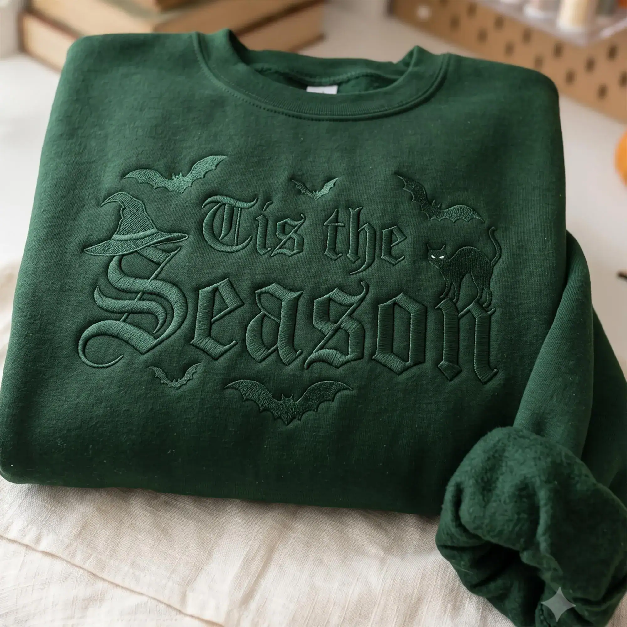 Tis The Season Embroidered Sweatshirt, Gothic Halloween Crewneck, Black on Black Halloween Shirt, Spooky Season Pullover, Witchy Fall Gift