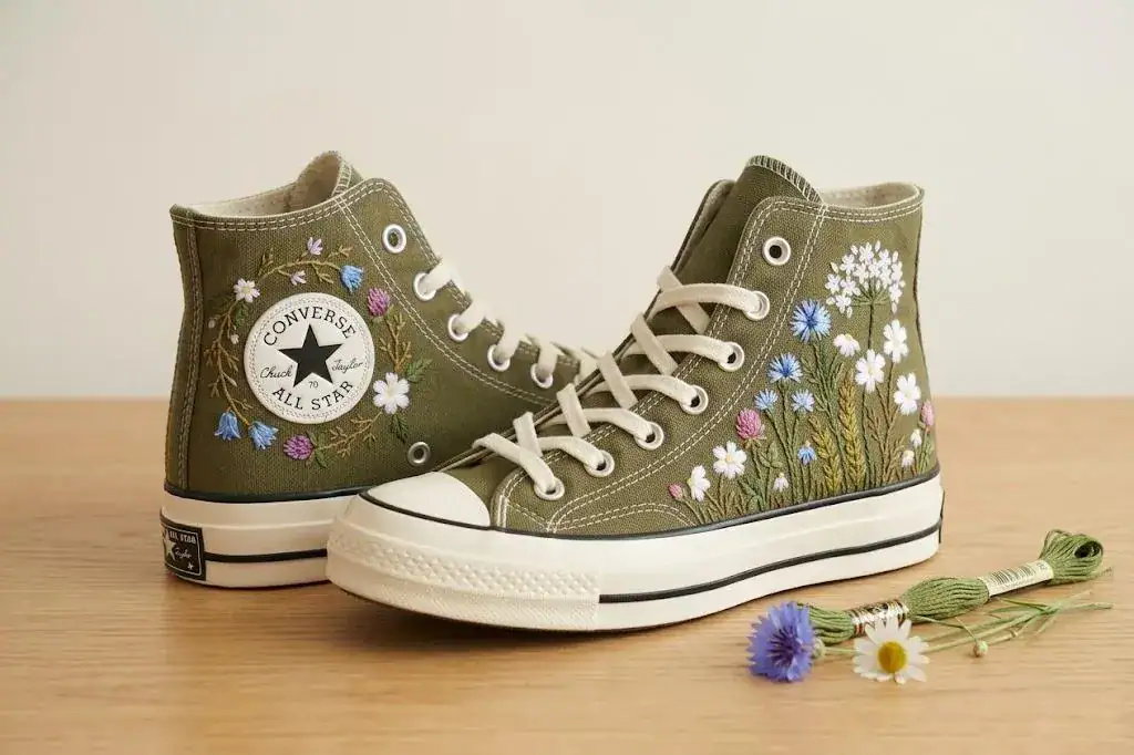 Custom Embroidered Converse-Style Sneakers – Floral Garden High Tops,Daisy Floral Wedding Sneakers, Cottagecore Bridal Shoes, Bride Gift - Image 3