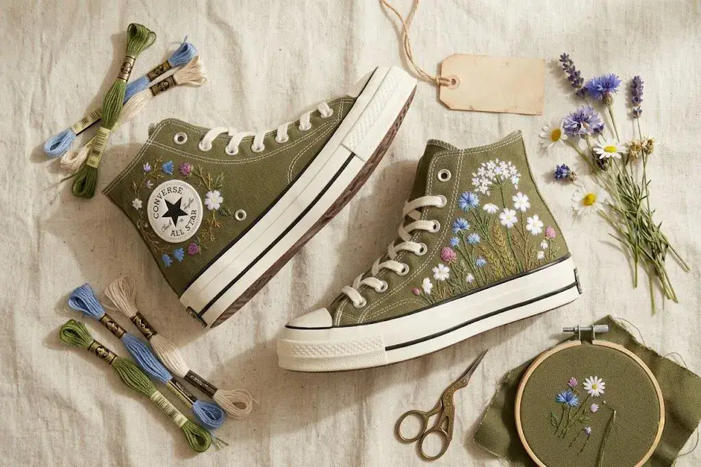 Custom Embroidered Converse-Style Sneakers – Floral Garden High Tops,Daisy Floral Wedding Sneakers, Cottagecore Bridal Shoes, Bride Gift Custom Embroidered Converse-Style Sneakers – Floral Garden High Tops,Daisy Floral Wedding Sneakers, Cottagecore Bridal Shoes, Bride Gift - Image 1