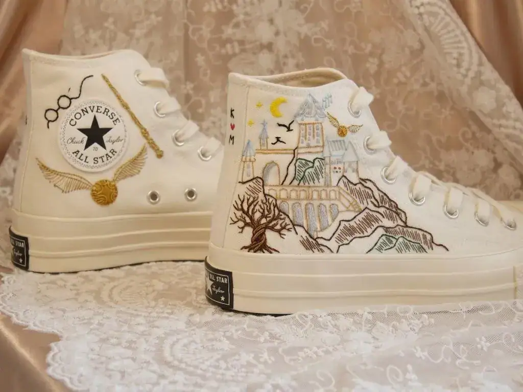 Wizard Castle Embroidered Platform High Tops, Celestial Magic Wedding Sneakers, Winged Ball Fantasy Bridal Shoes, Custom Bride Gift