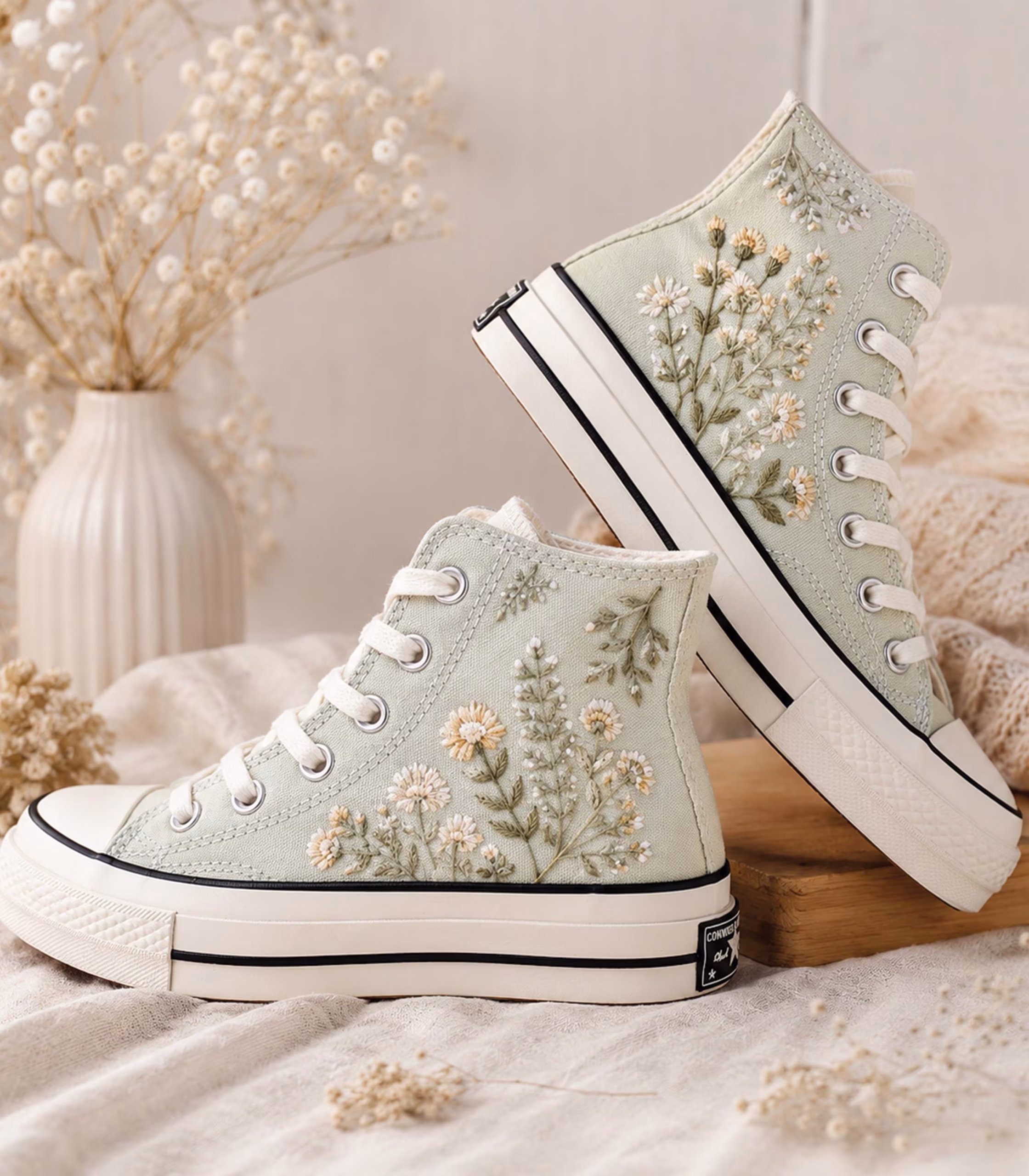Wedding Embroidered Sneakers, Spring Wildflower Bridal High Top Shoes, Garden Bride Footwear, Cottagecore Wedding Gift for Bride
