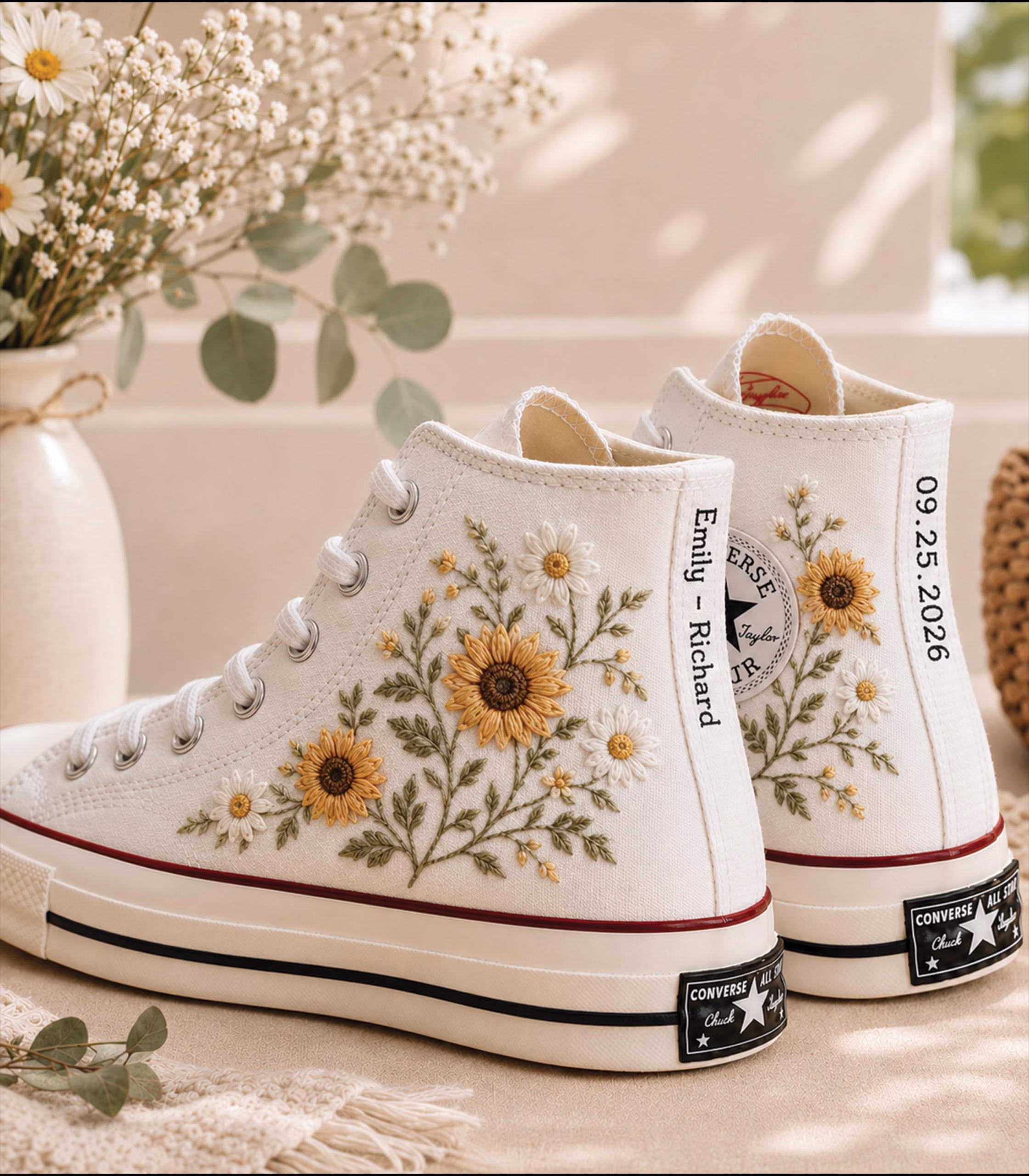 Personalized Sunflower Wedding Sneakers, Custom Bride High Top Shoes with Names and Date, Floral Bridal Footwear, Wedding Gift for Bride