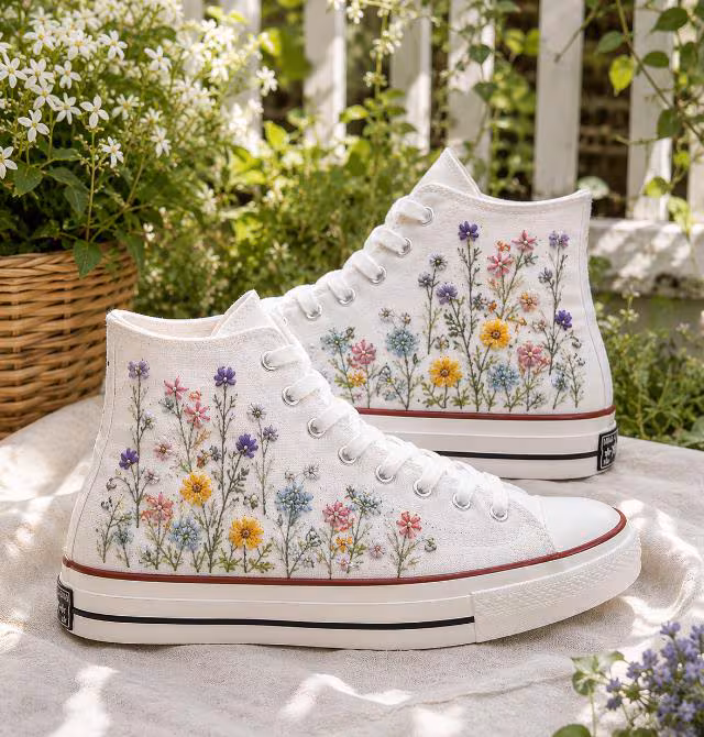 Hand Embroidered Converse Shoes, Wildflower High Top Sneakers, Floral Wedding Shoes, Bridal Garden Sneakers, Bride Gift, Handmade Shoes