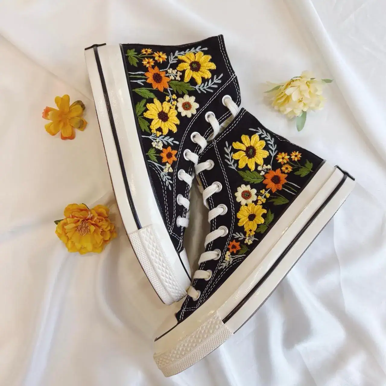 Custom Sunflower Converse Shoes | Embroidered Floral High Tops | Black Converse with Yellow Daisy | Summer Fall Boho Sneakers