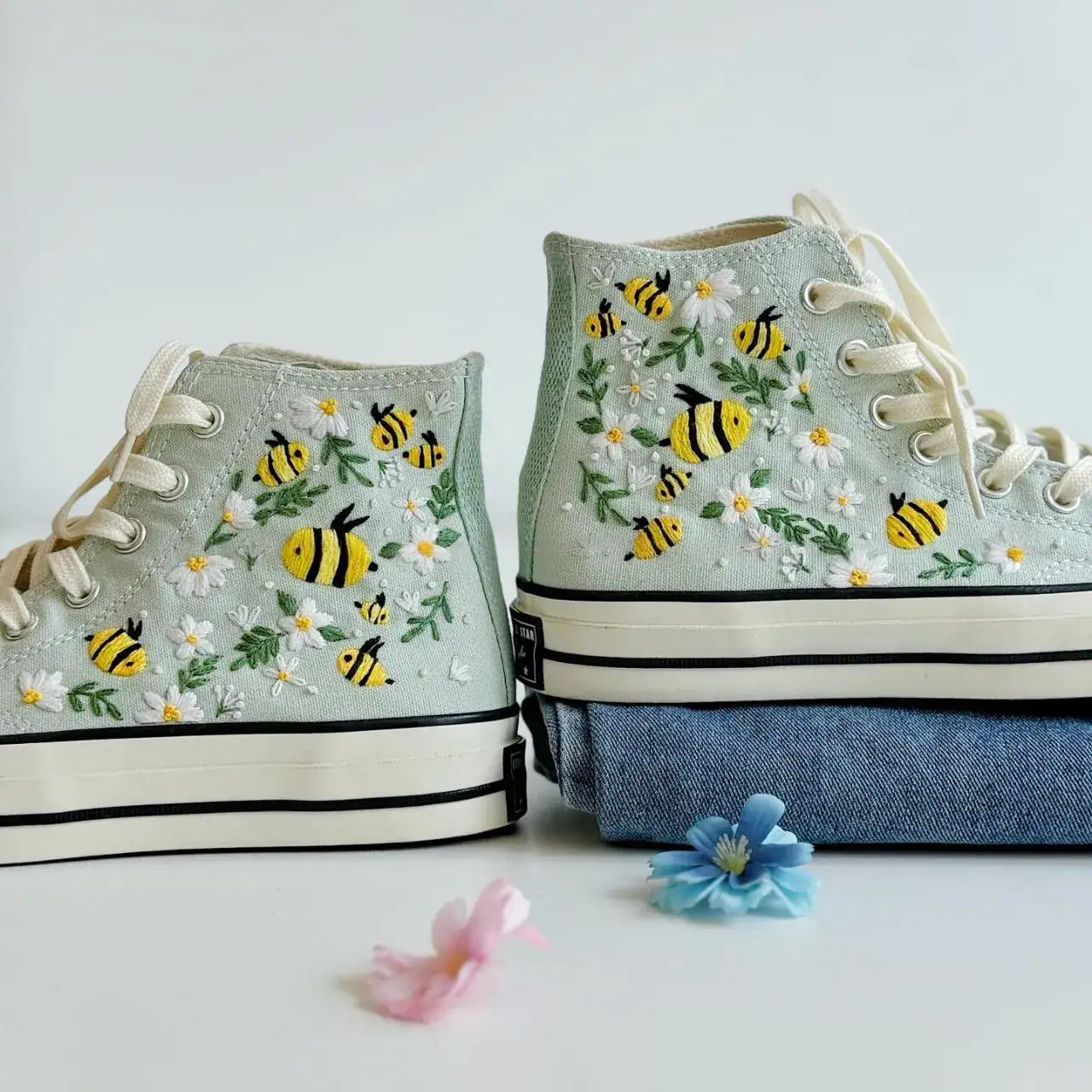 Bee Embroidered Converse Shoes | Daisy Floral Sneakers | Cottagecore Summer Aesthetic Custom Converse High Tops
