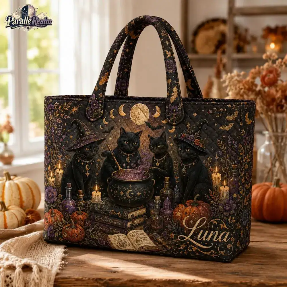 Custom Black Cat Coven Trick Or Treat Tote Bag, Witch Cats Cauldron Halloween Patchwork Tote Bag, Spooky Witchy Fall Tote Bags