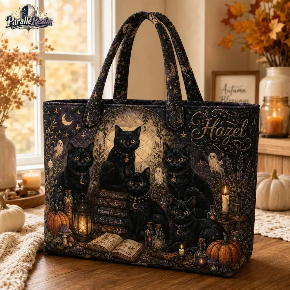 Custom Black Cat Family Tote Bag, Witch Black Cat Moon Halloween Tote Bag, Potion Book Spooky Cat Lover Shoulder Bags