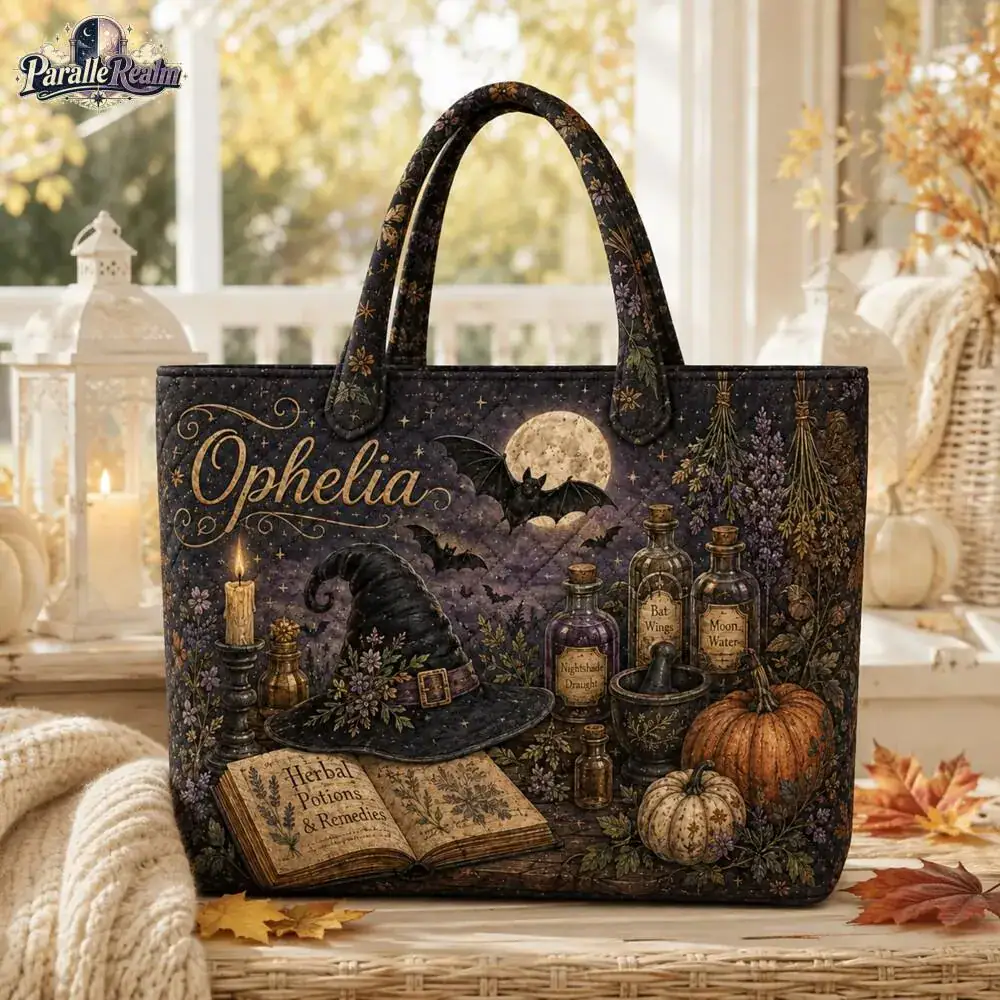 Personalized Herbal Witch Quilted Tote Bag, Custom Name Apothecary Potion Bag, Witch Hat Halloween Botanical Tote Bag