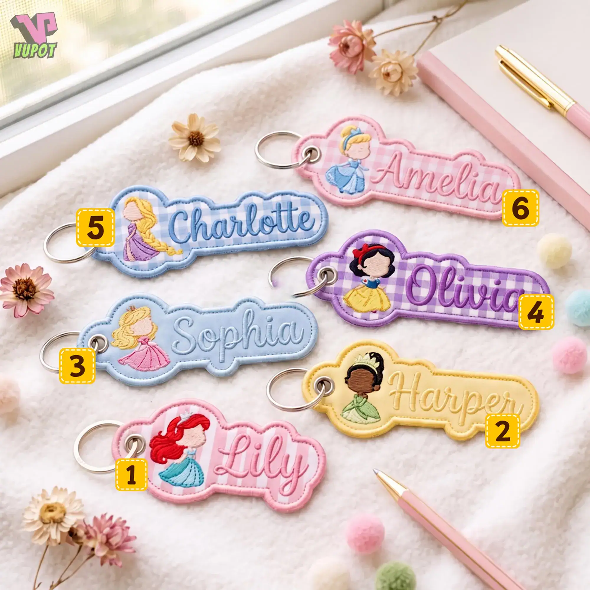 Custom Name Princess Embroidered Keychain, Personalized Bag Charm For Backpack, Magical Land Vacation Bag Tag, Back To School Gift